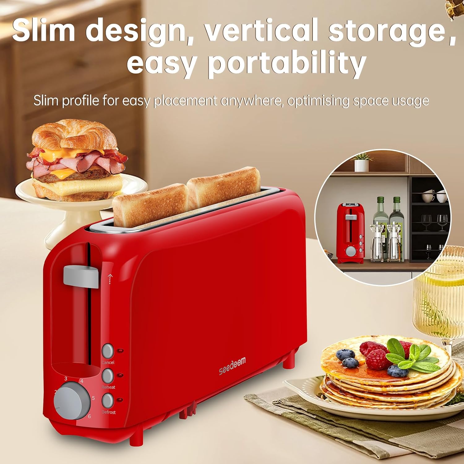 SEEDEEM 2-Slice Long Slot Toaster for Bagels & Artisan Bread, 10" Extra Wide Slim Design, 6 Toasting Shades, Cancel/Reheat/Defrost, Removable Crumb Tray, Auto Shut-Off, Red