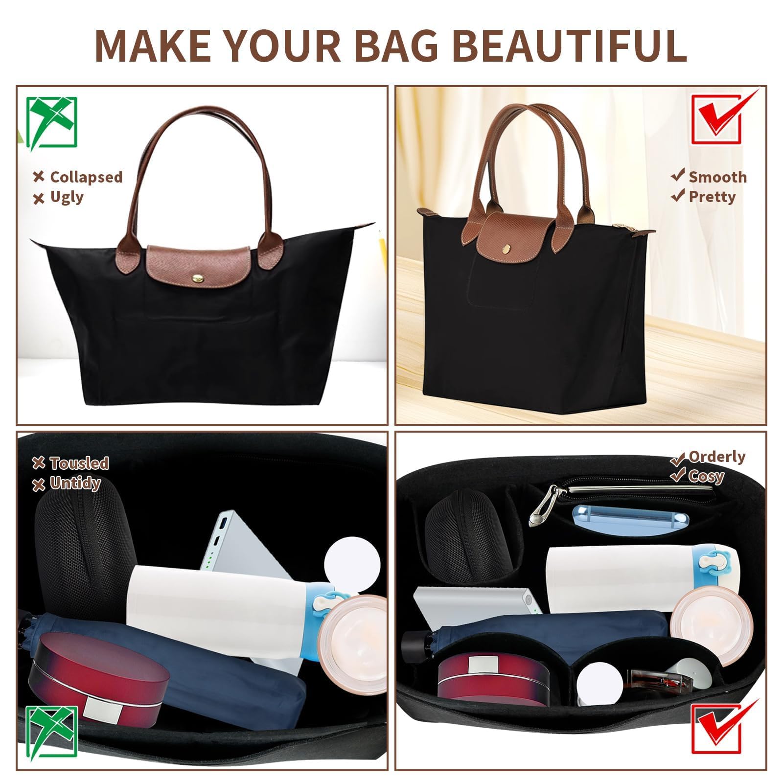 Organisateur de Longchamp Sac à Manches Longues, Organiseur de Sacs à Main Pour Femmes, Organiseur de sac à Main en Feutre, pour les Sacs à Main et de Transport (Noir, L)