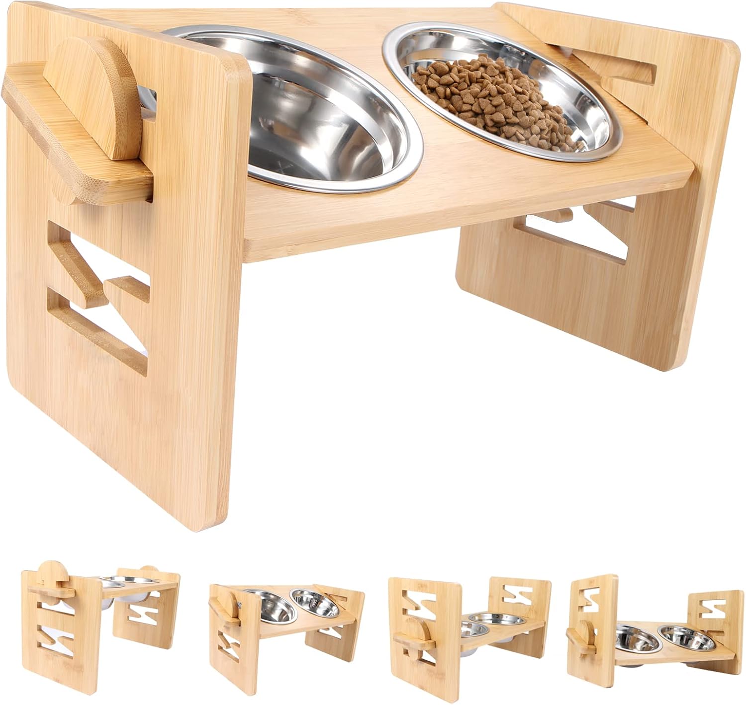 Hurray Elevated Dog Bowls – Tilted and Raised Pet Bowl – Small Dog & Cat Bowl for Food and Water – Bamboo Stand + 2 Stainless Steel Dog…