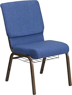 Flash Furniture HERCULES Series 18.5''W Church Chair in Blue Fabric with Cup Book Rack - Gold Vein Frame