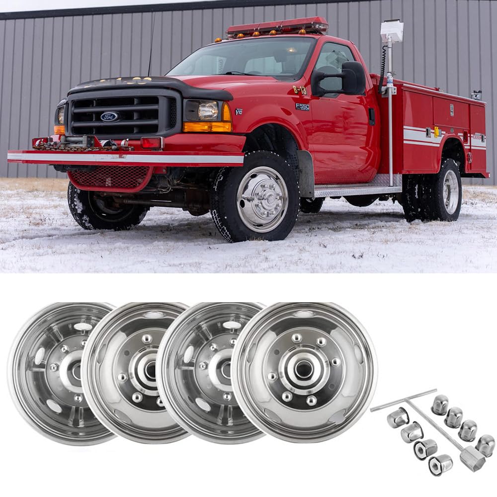 Lifeinfinity 4pcs 19.5" Polished Stainless Steel Dually Wheel Simulators, Bolt On Wheel Cover, 5 Hand Hole Hubcaps for 1999-2004 Ford F450/F550 Super