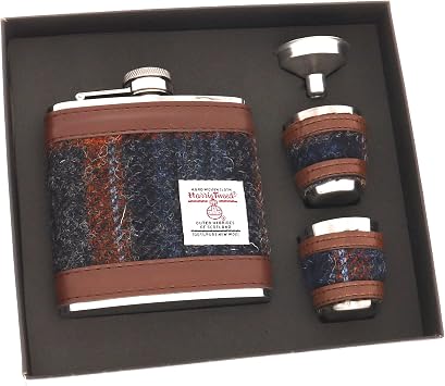 Glen Appin Harris Tweed Hip Flask & Cups Gift Set Grey with Rust Check