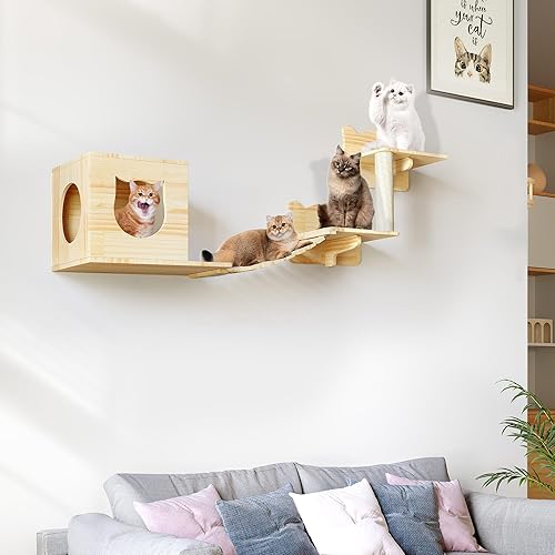 Miniatura 7 de DWVO Estantes y perchas de pared para gatos, muebles de madera para gatos montados en la pared, juego de 5 estantes de escalada para gatos con 1