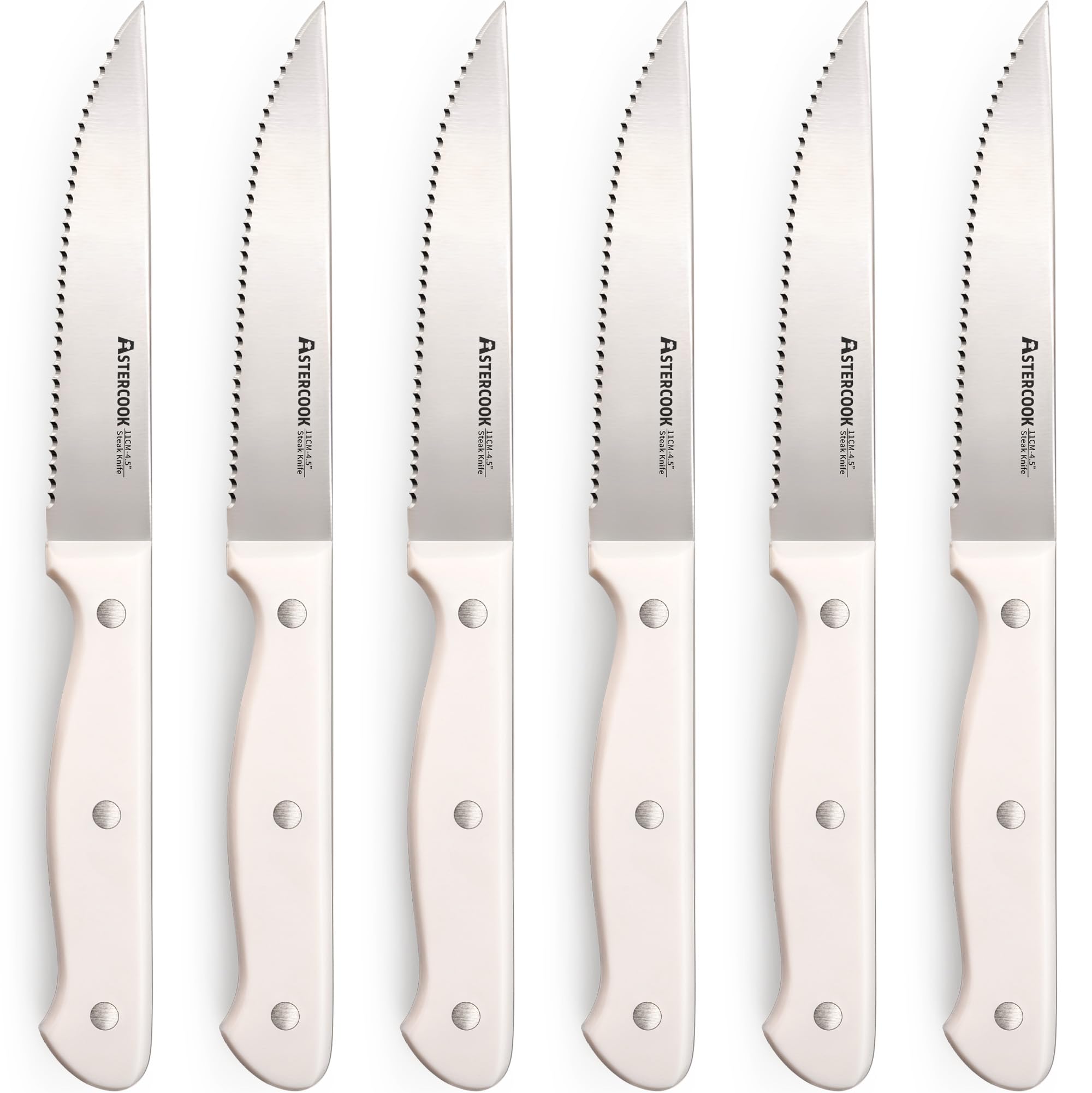 Astercook Steak Knives Set of 6 with Full Tang Handles, Elegant Cream White