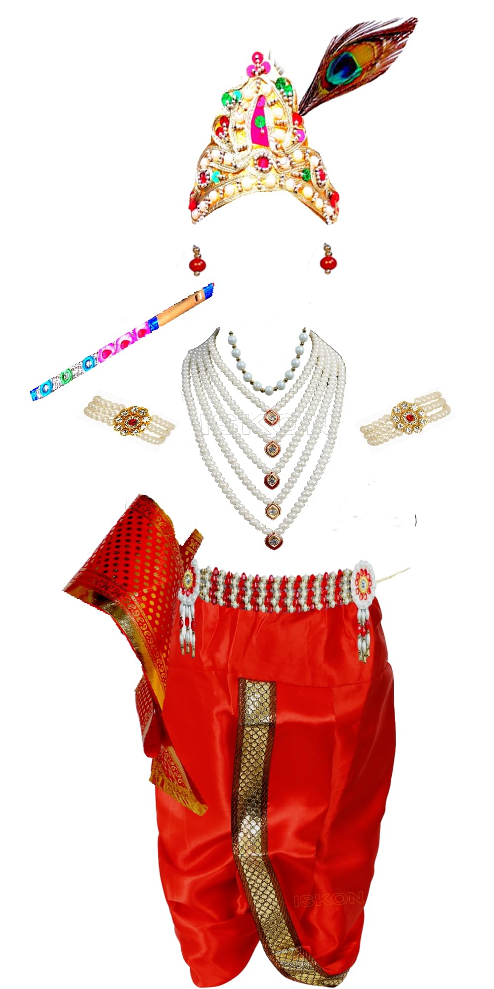 Blu Mirics Satin Tanisha Krishna Dress 16 (2-3 Years) Set Of 10 Items , Dhoti , Bansuri,Kundal,Kamarbandh,2 Mala ,Bandhani,Mukut,Morpankh And Patka.