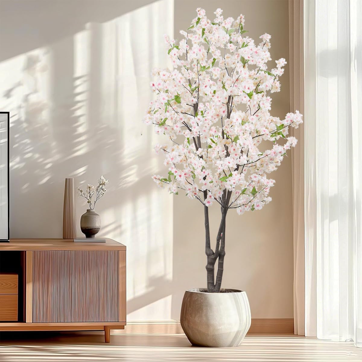 BINCUE Artificial White Cherry Blossom Tree Fake Tree Cherry Blossom Decor Fake Flowers Faux Flowering Tree White Flowers Floral for Indoor Outdoor Room Home Decor Spring Gift 5.74FT