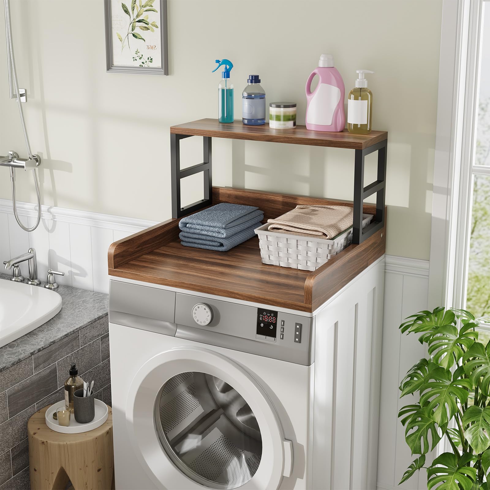 EOSVALO Arbeitsplatte Waschmaschine Trockner mit 2 Stufigem Regal, 60x60x42.1cm, Wasserabweisend & Rutschfest, Waschmaschinenauflage für Waschküche und Küche, Nussbaumfarbe