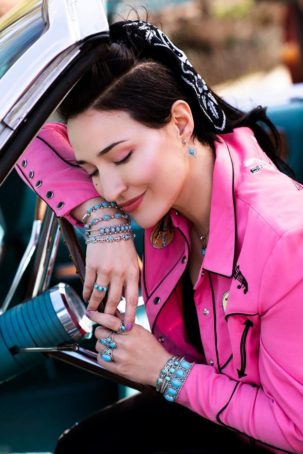 American West Sterling Silver Women's Cuff Bracelet Sleeping Beauty Turquoise Gemstone Flower Concha Design Size Small Medium Large