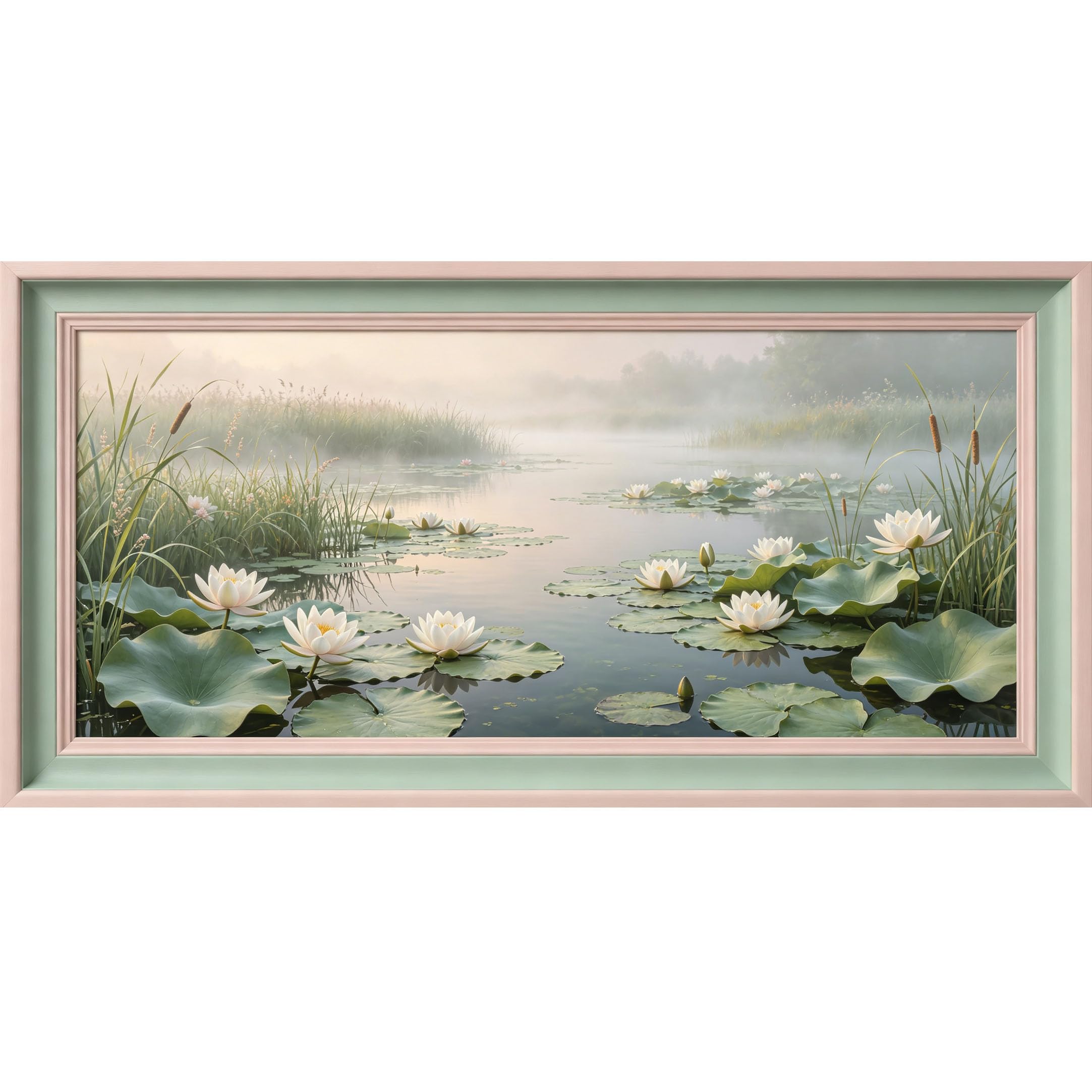 Agglomerix 3D Framed Wall Art White Water Lily Pond Botanical Landscape Mist Lake Large Size SelfAdhesive Removable Wall Decor Prints Artwork for Living Room Bedroom Office