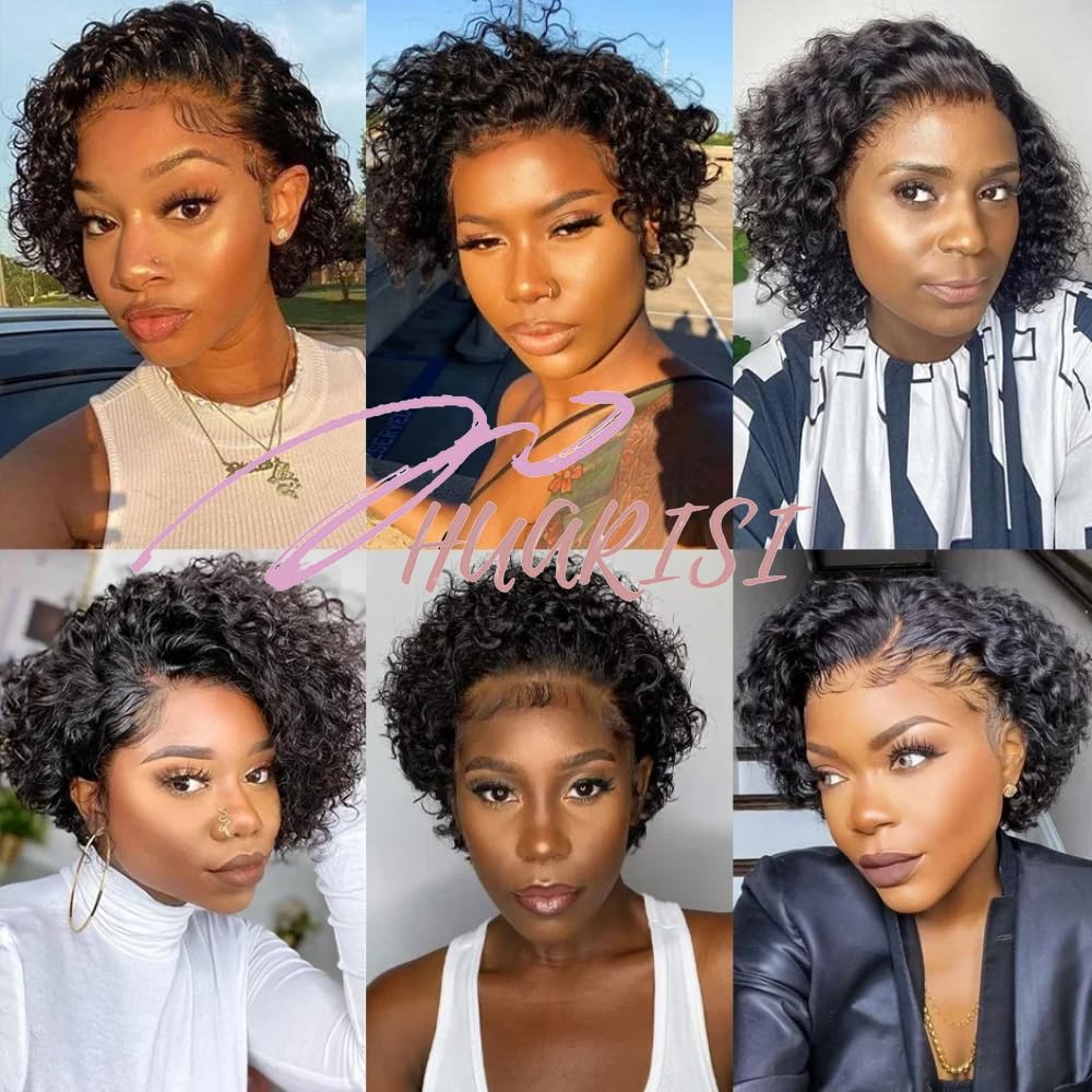 Huarisi Short Pixie Cut Curly Wigs for Black Women Human Hair 6 Inch 13x1 Transparent Lace Front Wig Remy Brazilian Hair Natural Color No Bangs Bouncy Curls