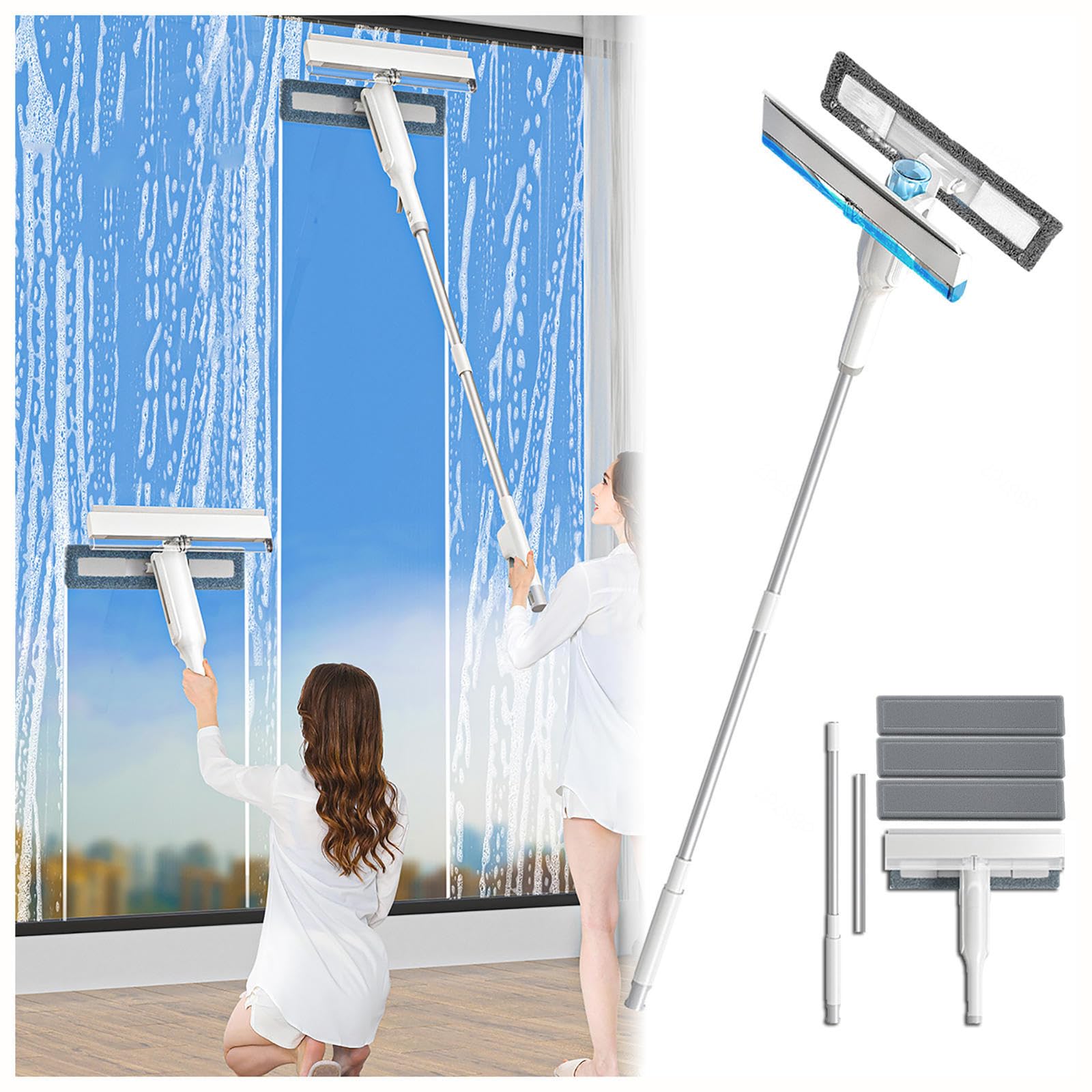 4 en 1 Spray Limpiador De Cristales con Colector De Aguas Residuales Y 3 Paños Microfibra, Limpiador De Cristales con Varilla De Extensión para Ventanas Altas Interiores/Exteriores