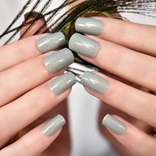 Glossy Solid Grey Press on Nails Medium Length Square Coffin False Nails Acrylic Fake Nail Art Tips Manicure Kits