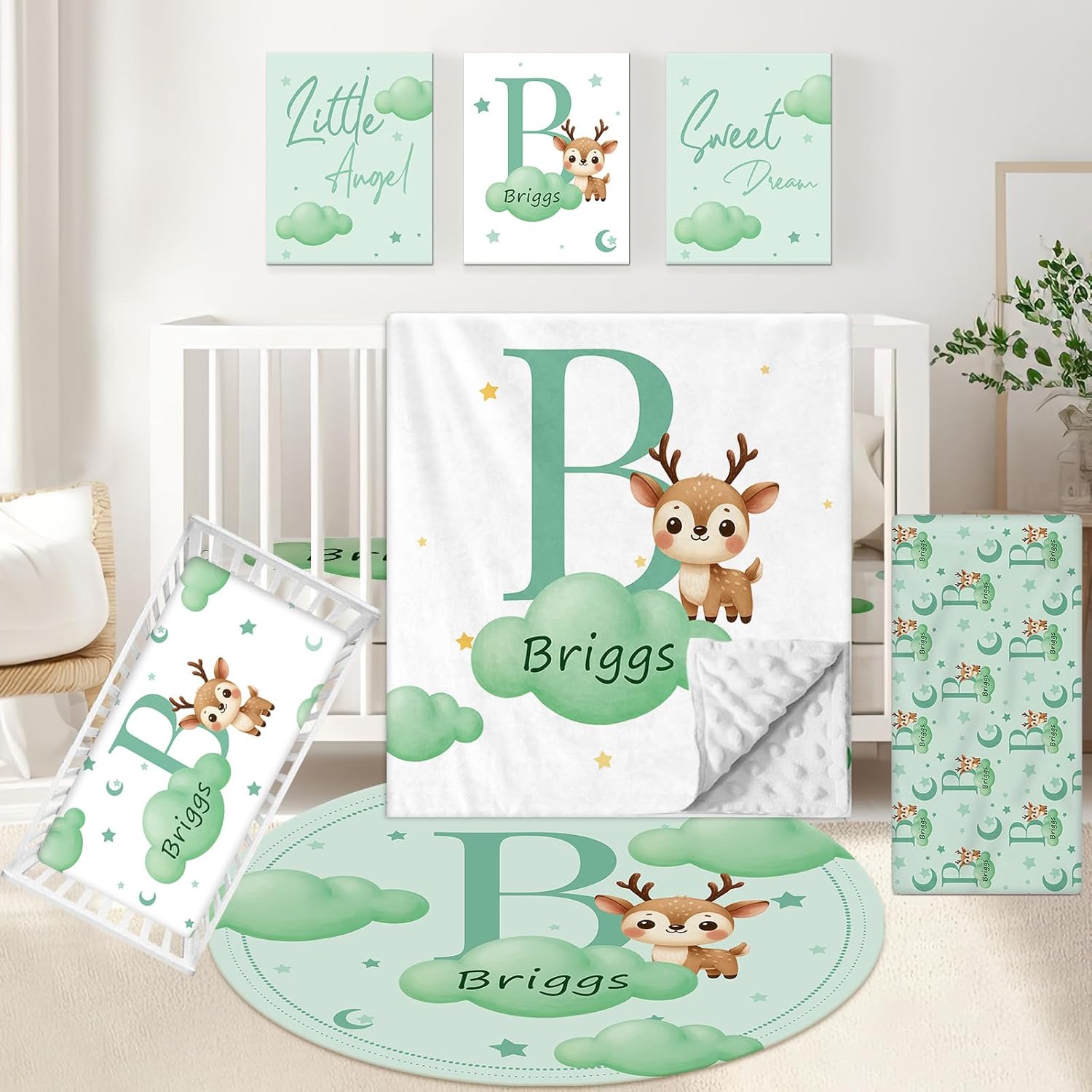 Custom Crib Bedding Set, 5 Pcs Personalized Name Monogram Baby Crib Sets for Infants Toddlers, Green Deer Nursery Bedding Set for Boys Girls, Double Layer Baby Bedding Sets Customized Gifts