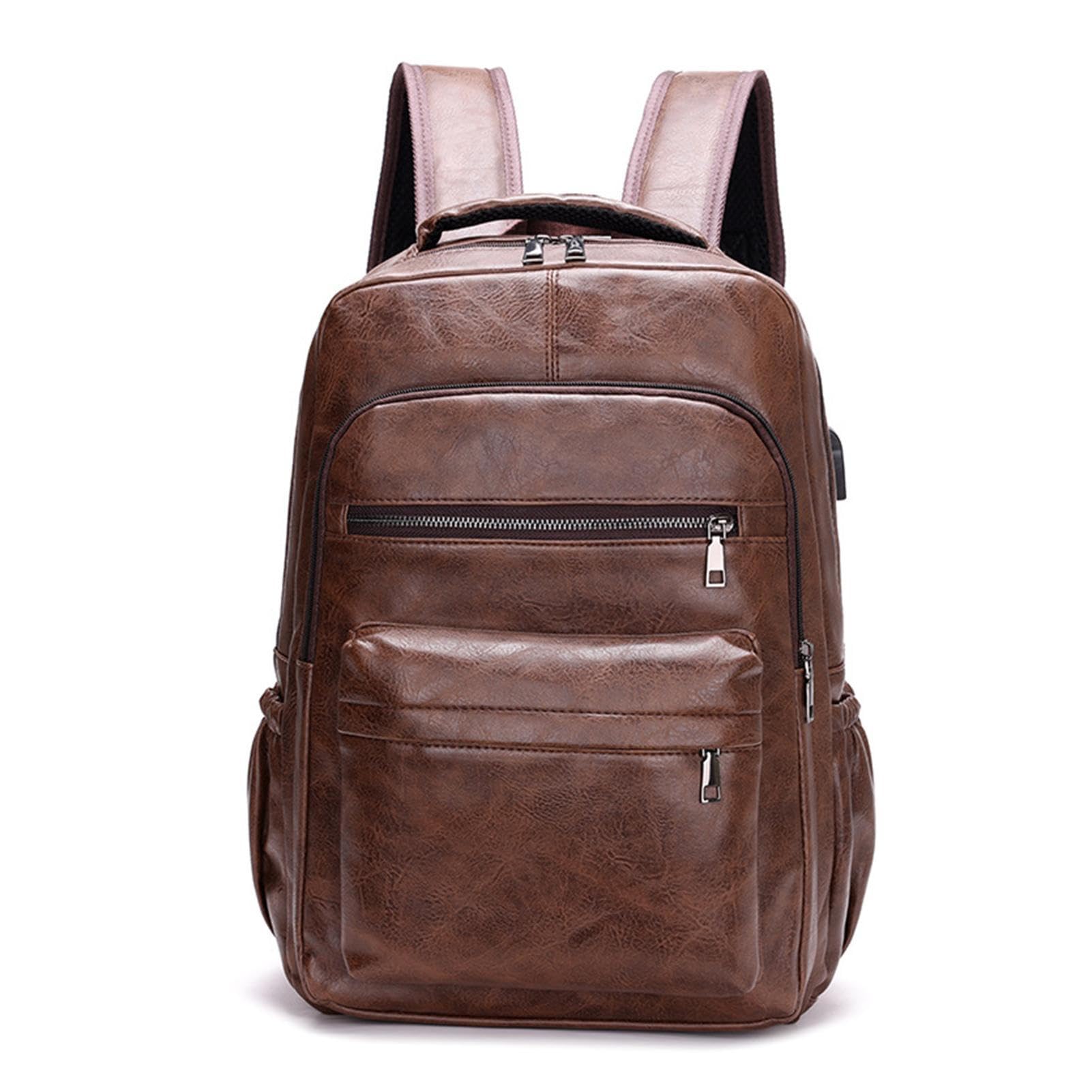 Zaino per computer portatile da uomo, in pelle PU, con porta di ricarica USB, tasche casual, borsa per libri, zaino per lavoro, escursioni, viaggi, campeggio, per laptop da 15,6 pollici