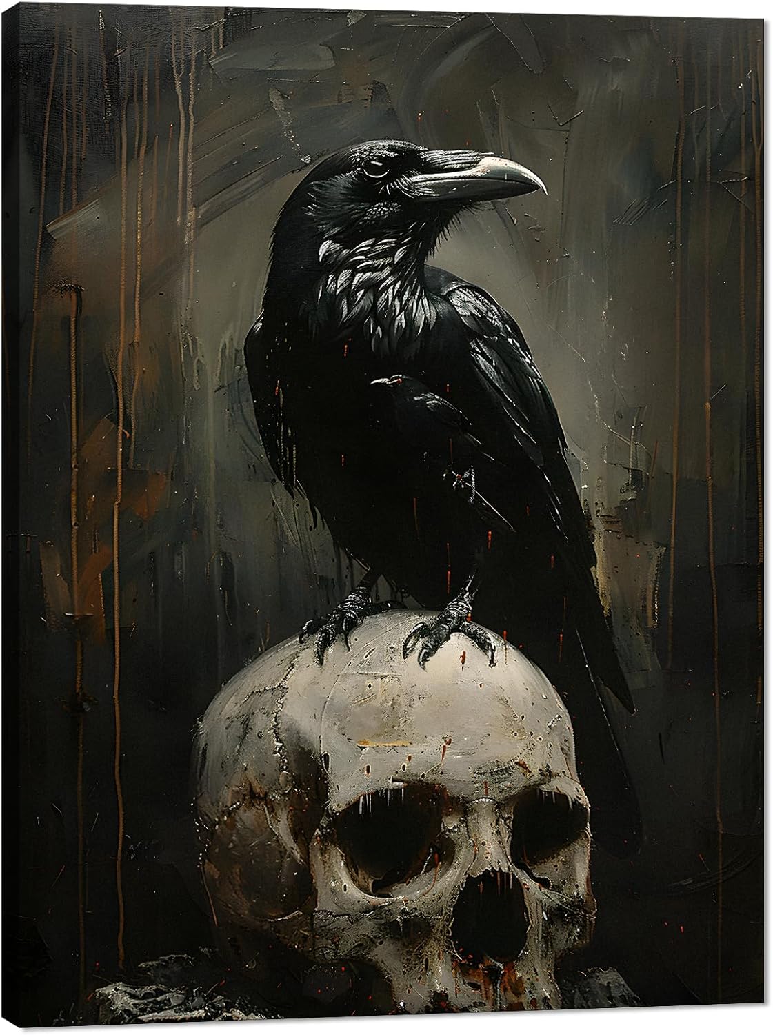 MAMAGO Horror Crow Wall Decor Halloween Skull Canvas Painting Abstract Dark Style Artwork for Living Room Entrance Corridor Office Wall Art Framed Easy to Hang-12 x 16 inch