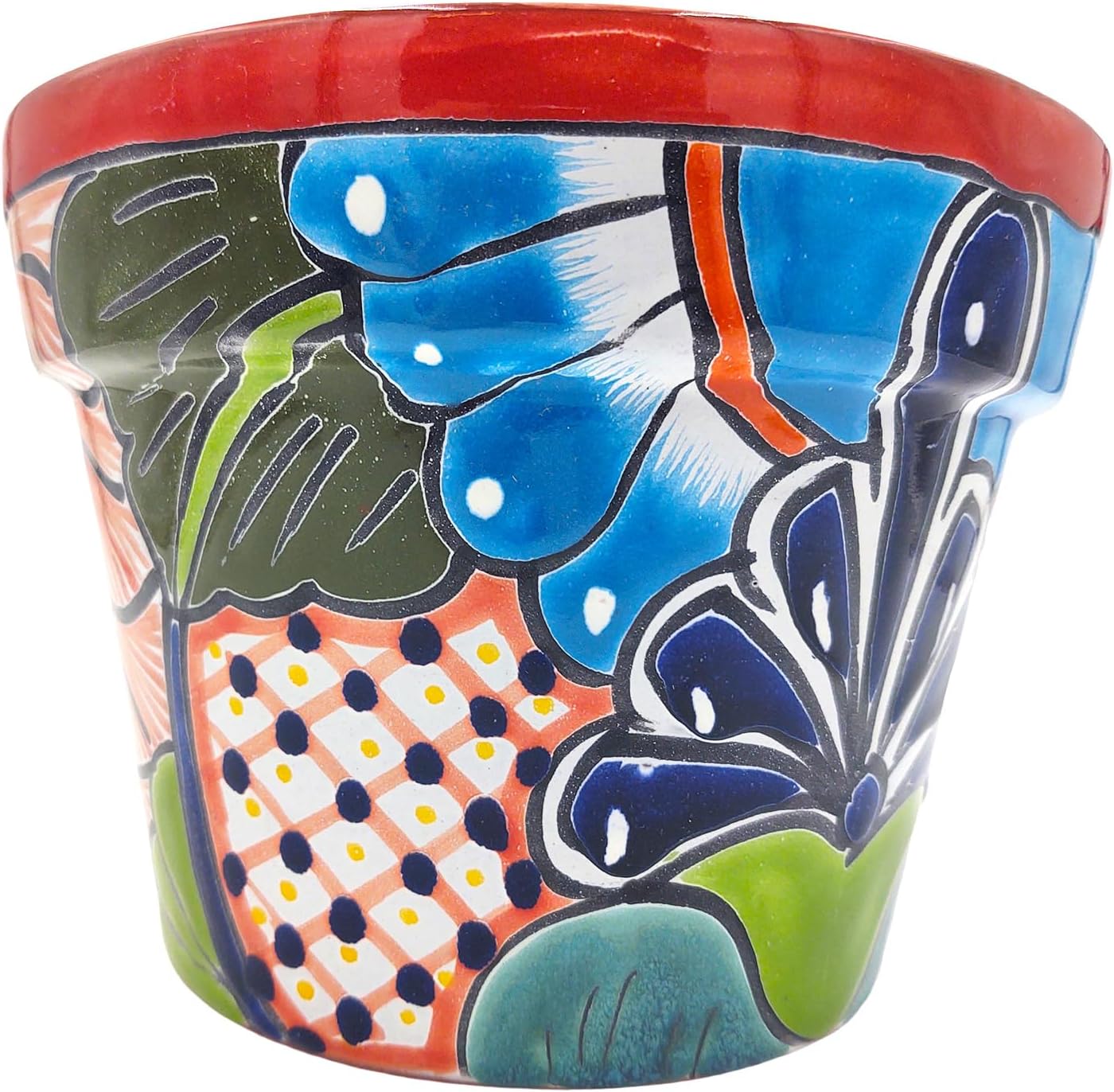 Cactus Canyon Ceramics MACETA GRANJA Mexican Talavera Planter Pot (9" W x 9" L x 6.5" H) Hand Painted - RED Trim - Mexican Decor Planter