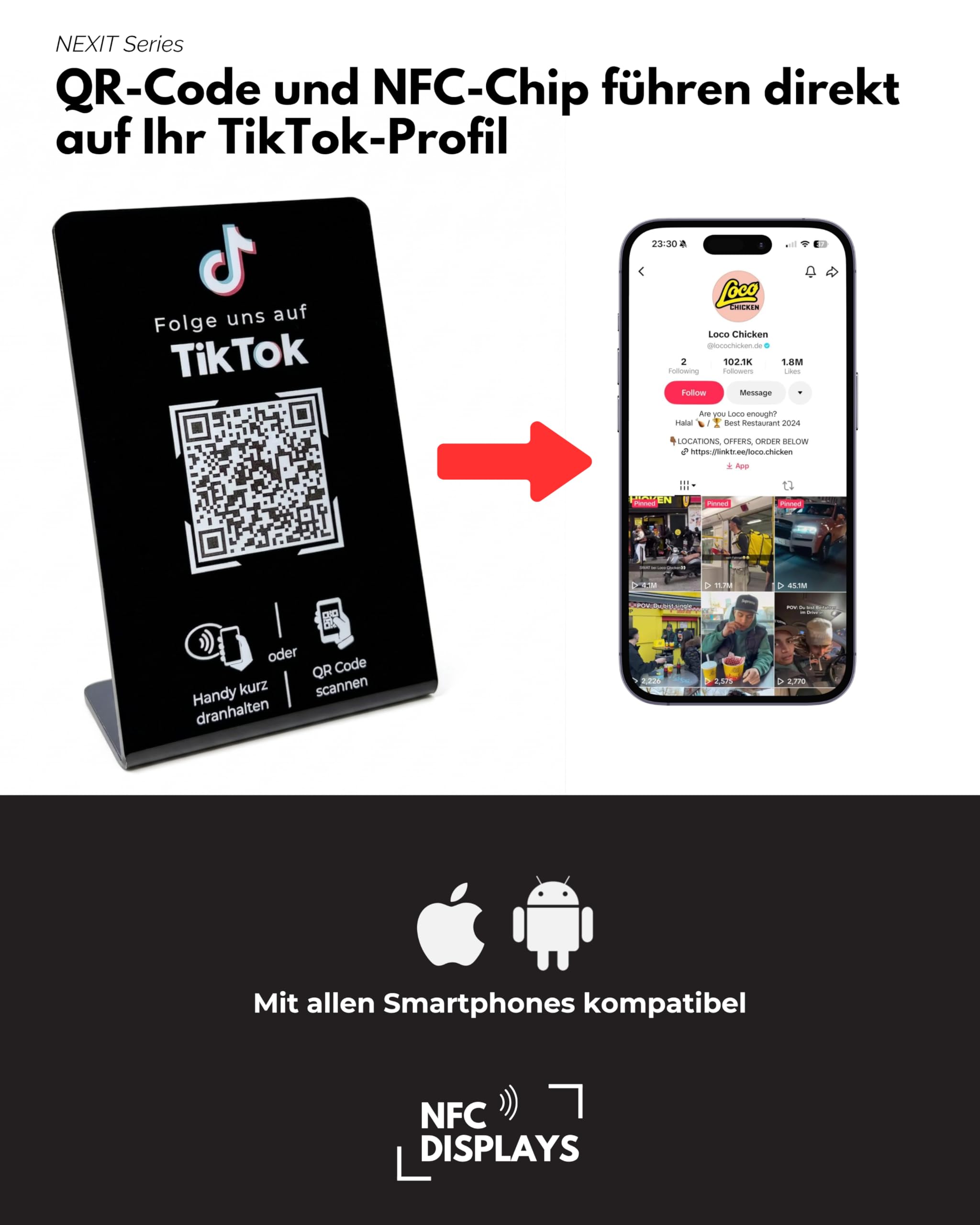 Aufsteller/Schild für TikTok Follower mit QR-Code und NFC (16,5 x 10,5 cm) - Deutsch