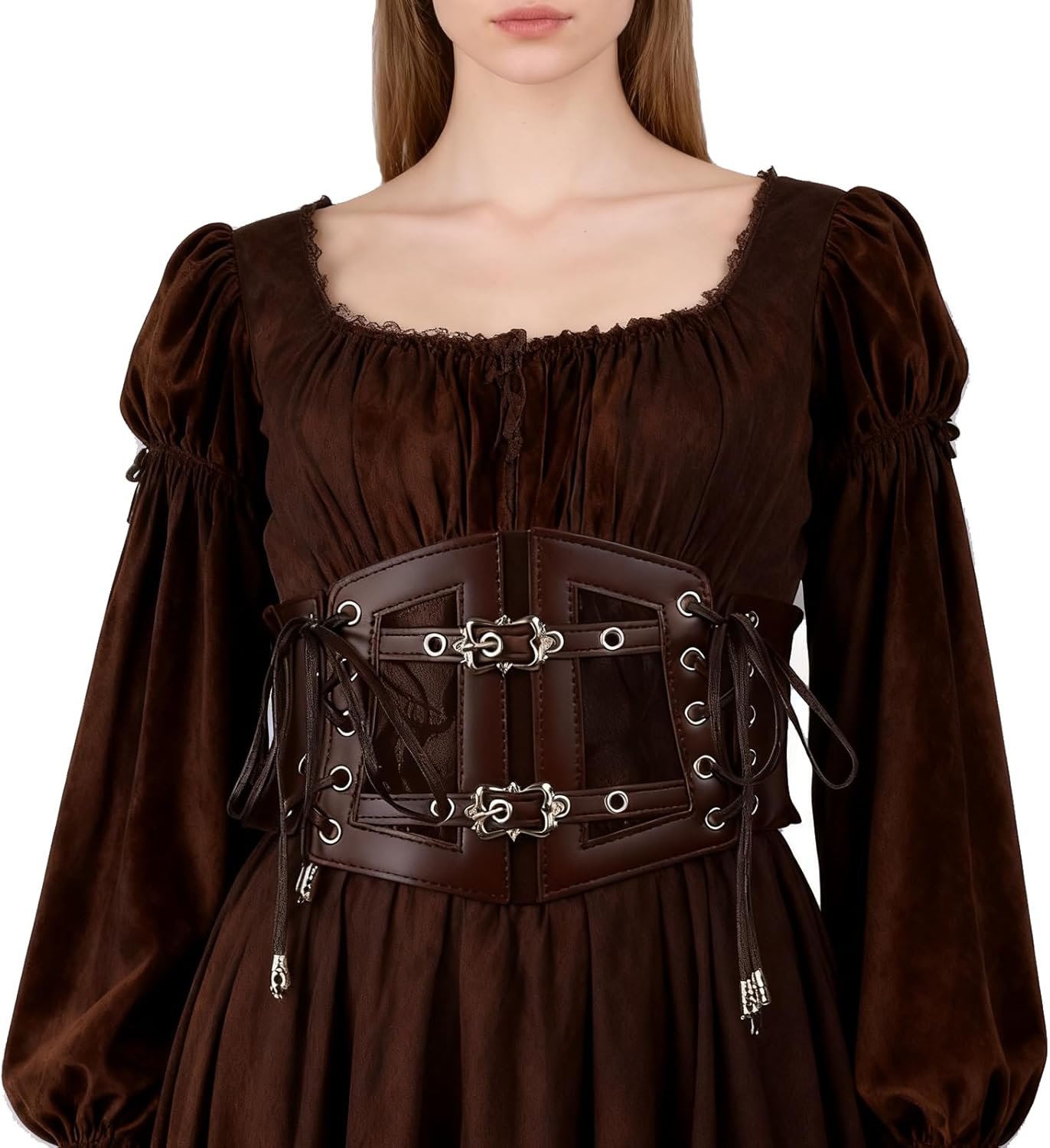 Vintage Faux Leather Corset Belt Sides Lace-up Medieval Renaissance Underbust Wide Elastic Waist Belts for Women - Image 3