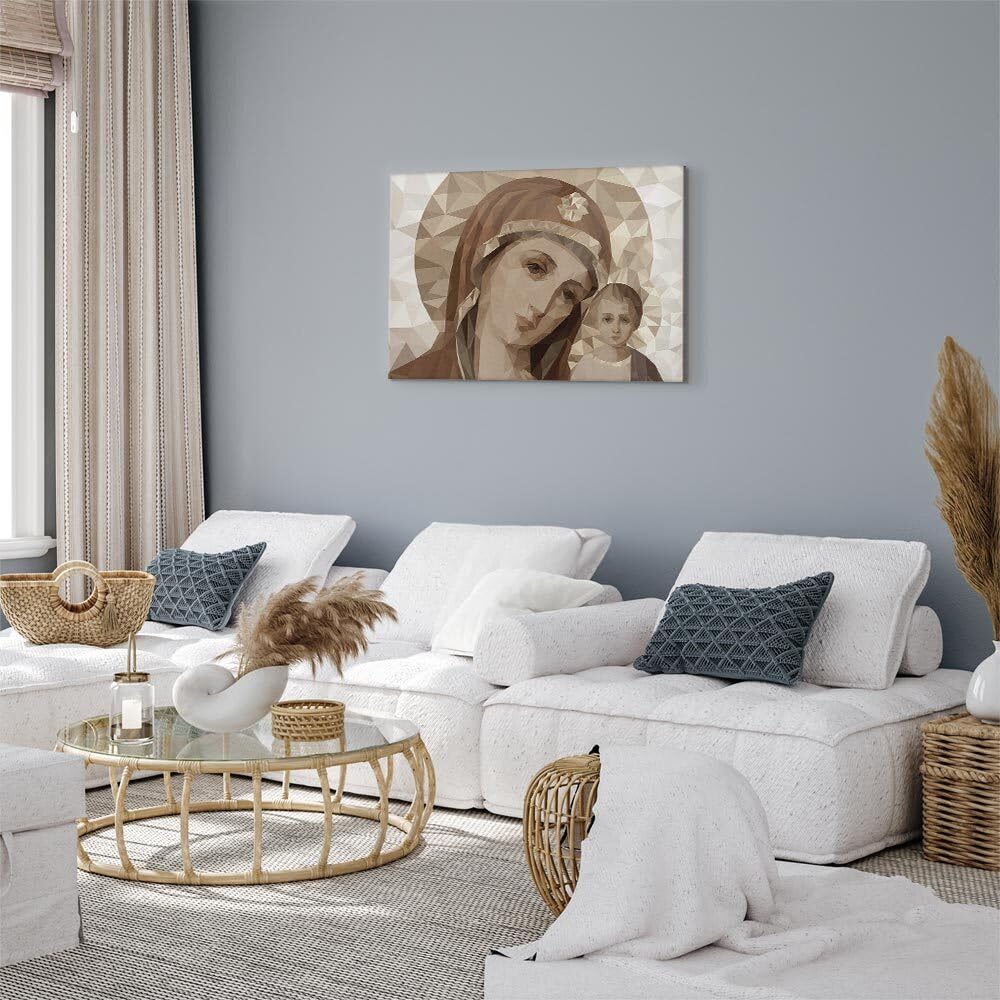 decomonkey Quadri Moderni Soggiorno Madonna Madre Dio, 1 pezzo, 120x80 cm | Tela strutturata su telaio in legno, decorazione da parete, vergine, maria, santa, sacro, beige, Quadro Stampa su Tela