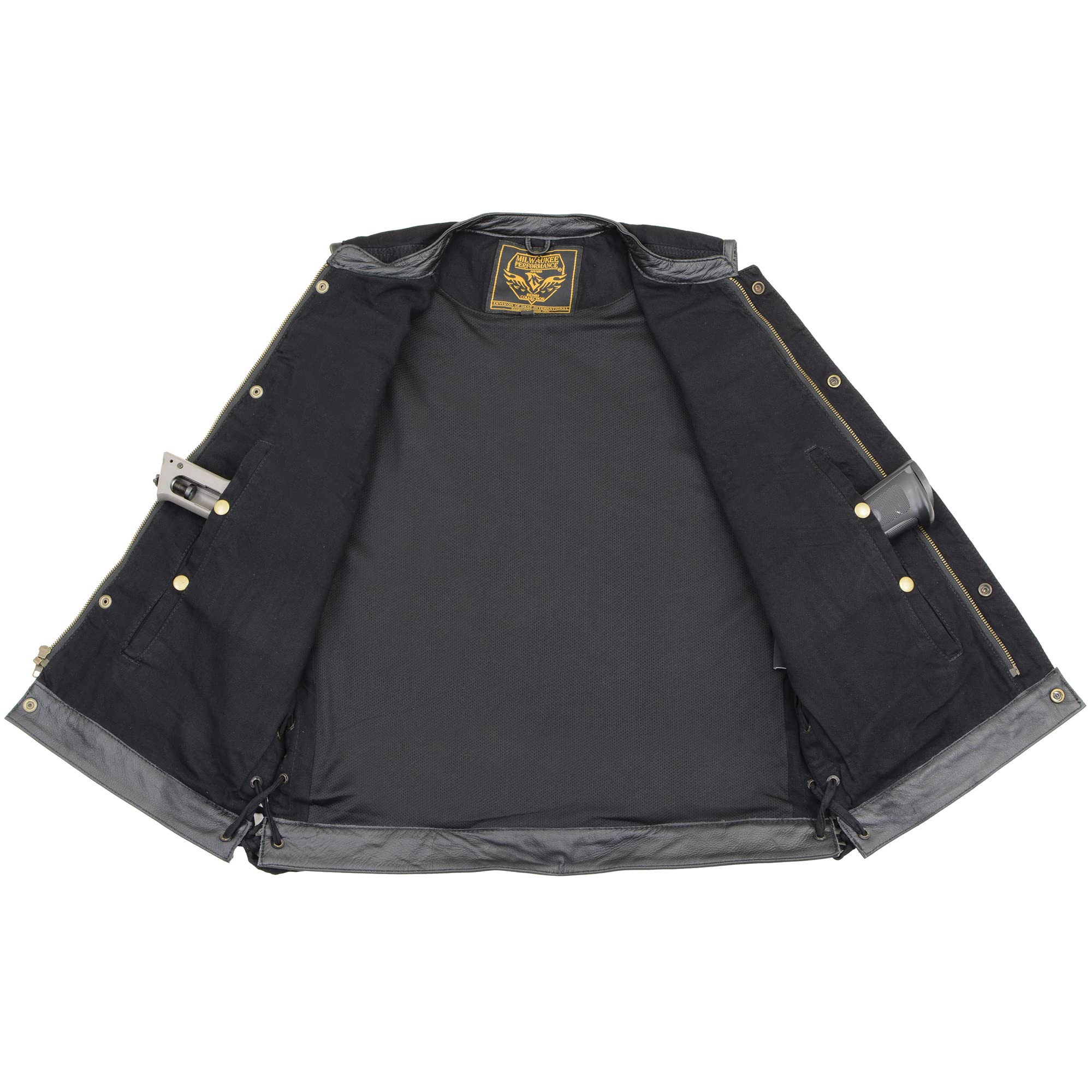 Men's Black 'Hidden Zipper' Side Lace Motorcycle Rider Denim Vest w/Leather Trim MDM3011 (US, Alpha, Large, Regular, Regular, Black)