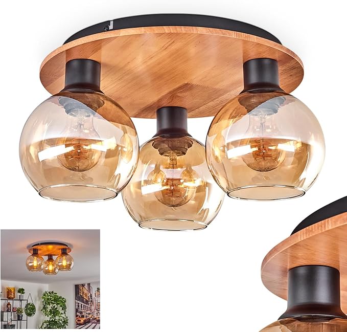 hofstein HOFSTEIN Plafondlamp Koyoto, plafondlamp van metaal/hout/glas in zwart/natuur/barnsteenkleuren, lamp in retro/vintage design met kap van glas (Ø 15 cm), 3 x E27, zonder lamp
