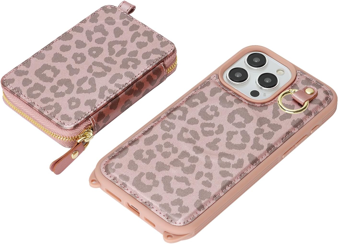 Cavor for iPhone 12 Pro Max Wallet Case with Card Holder for Women, for iPhone 12 Pro Max Case with Strap, Crossbody Lanyard Phone Case, Magnetic Detachable Compatible with Magsafe-Rose Gold Leopard