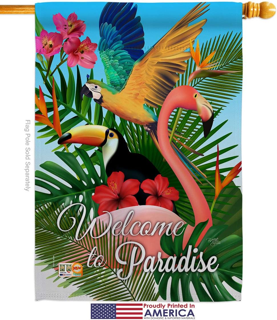 Tropical Bird Paradise Garden House Flags Set Summertime Ocean Beach Seashells Pineapple Outdoor Summer Aloha Small Decorative Gift Yard Banner Made In USA 28 X 40
