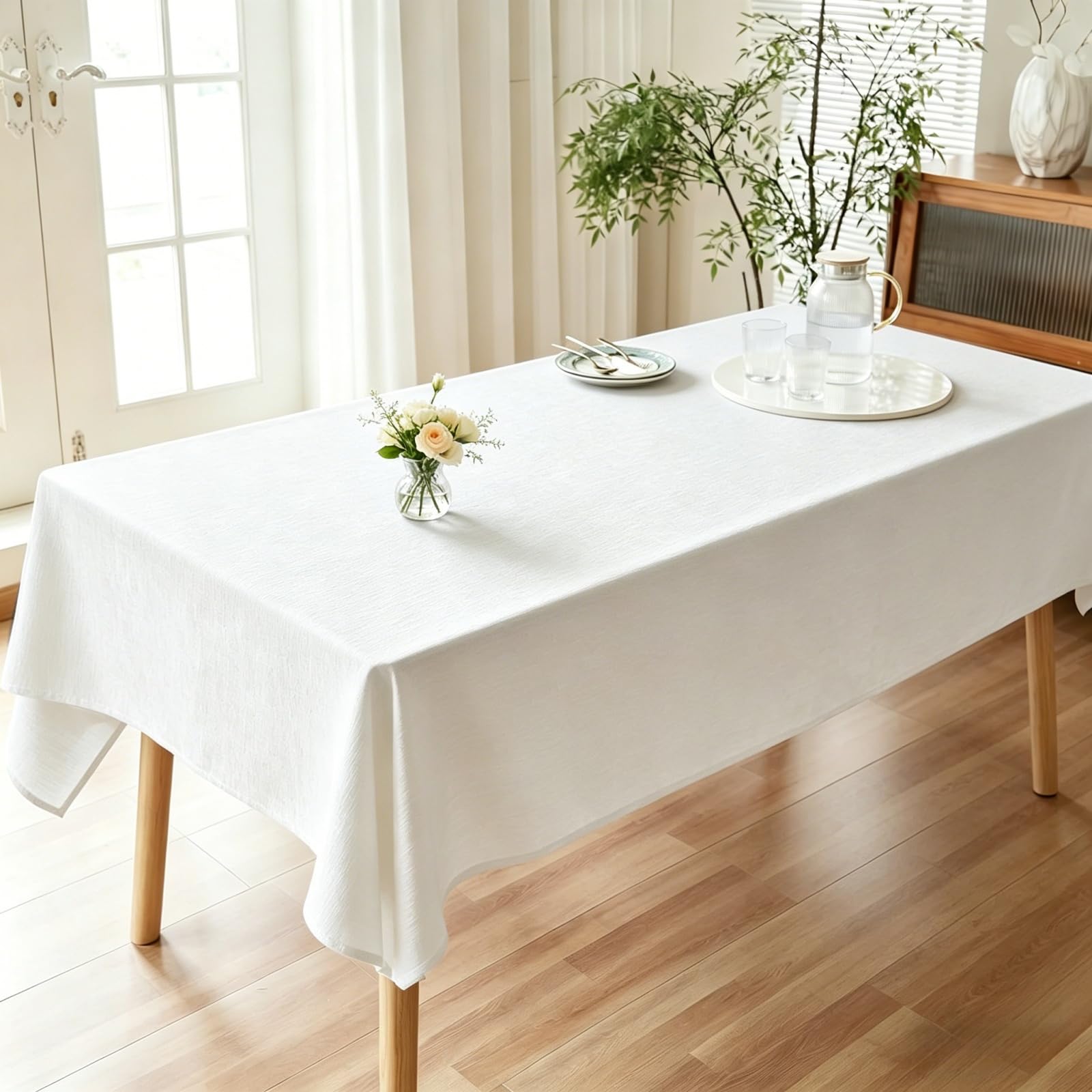 Rectangular Manteles 105 x 210 cm Lavable, Efecto Lino Resistente Exterior Mesa Durabilidad y Fácil Limpieza para Casa Comedor Cocina Exterior Navidad Fiestas Cumpleaños, Blanco