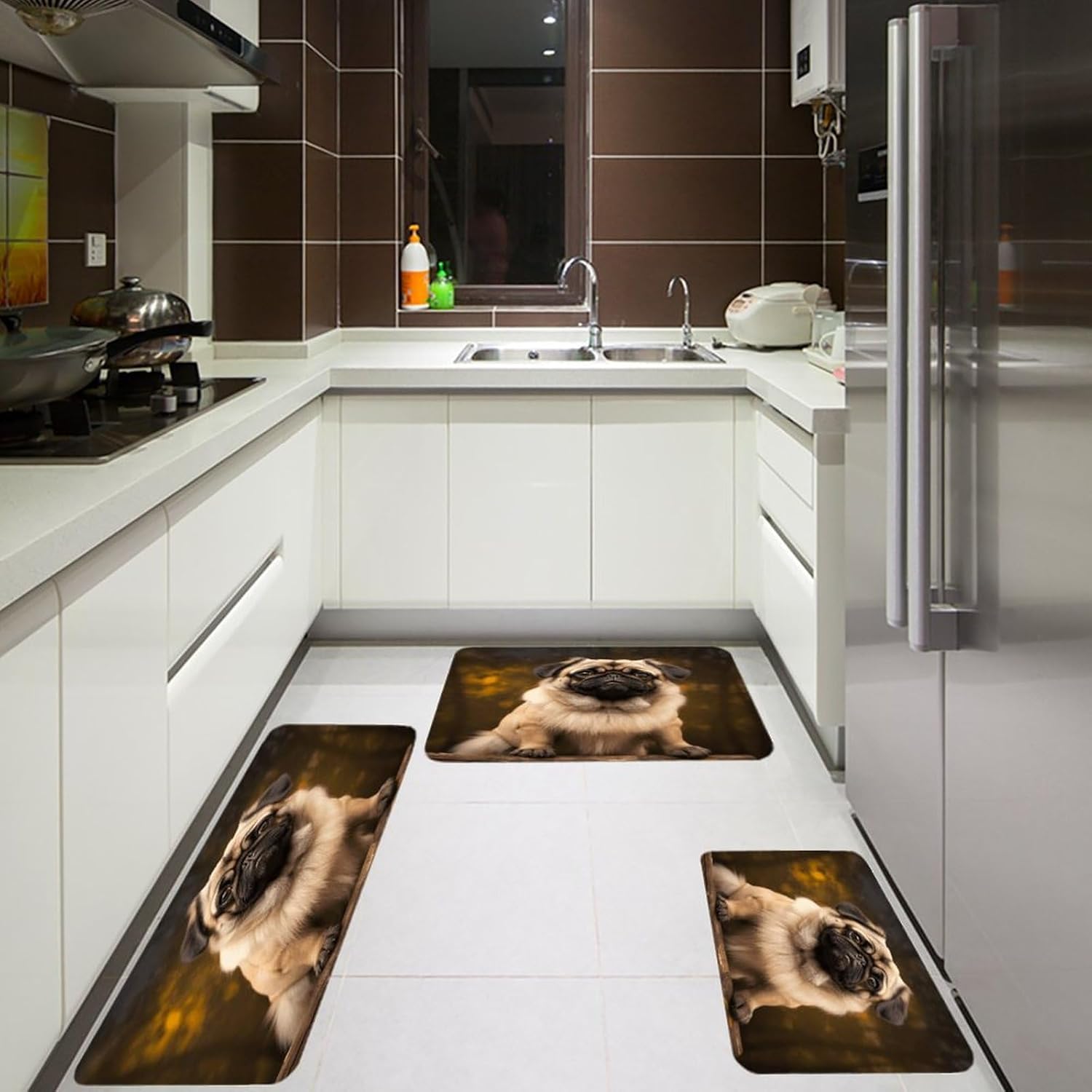 Pug Dog Kitchen Rugs Sets of 3 Non Slip Kitchen Mats for Floor Farmhouse Kitchen Sink Mat Thick Comfort Standing Mat for Laundry Room Hallway Bathroom