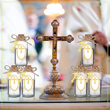 Ziliny 48 Set Holy Water Bottle Container Agua Bendita Baptism Gift for Guest Catholic Christian Holy Clear Glass Bottle for Jerusalem Botellitas Para Baptism Party Favor Church Wedding Gift(20 ml)