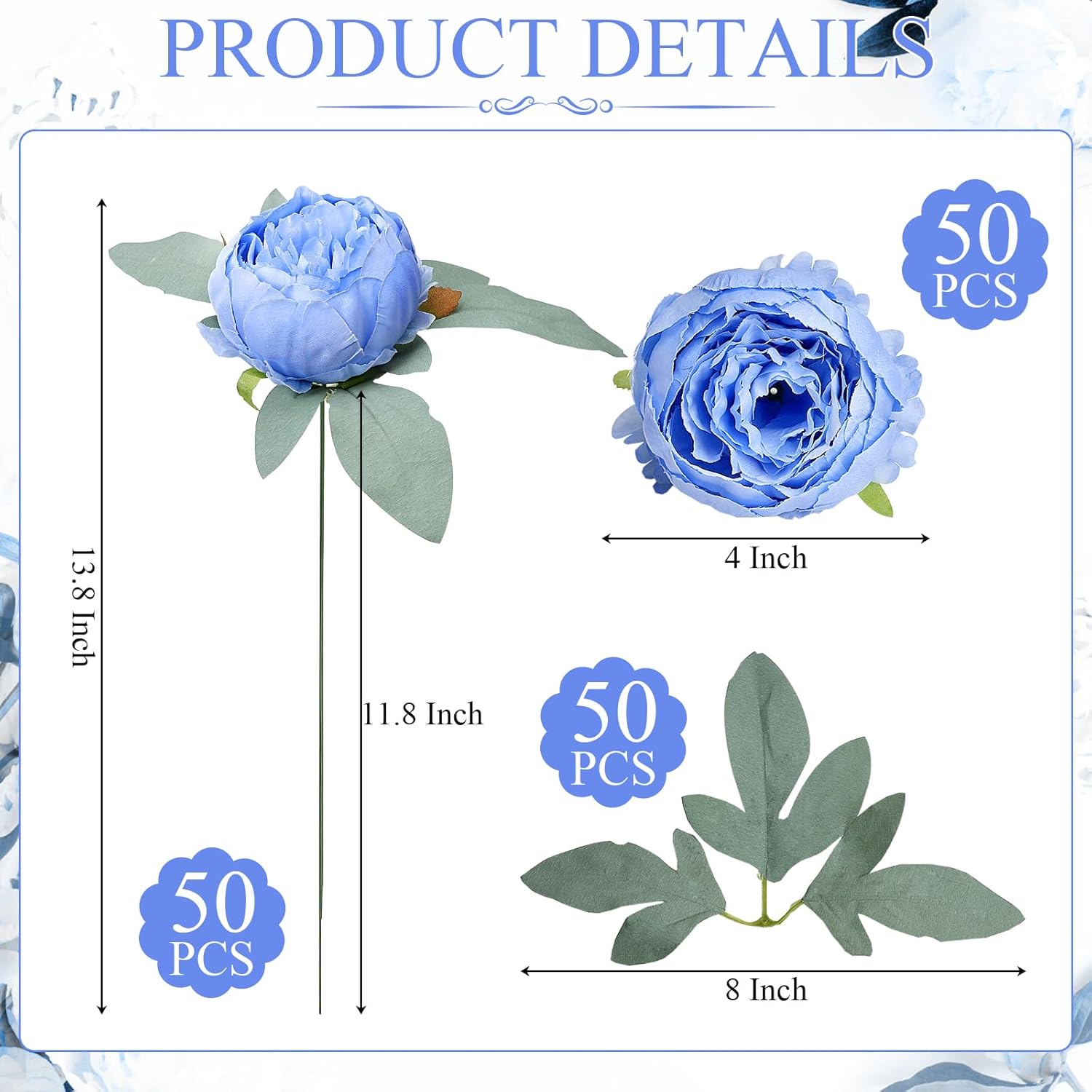50Pcs Artificial Peonies Flowers Bulk, 4’’ Blue Peonies Fake Flowers Heads for Table, Faux Silk Peony Arrangements for Wedding, Valentine, Engagement, Office, Coffee, Dining Decorations(Blue)