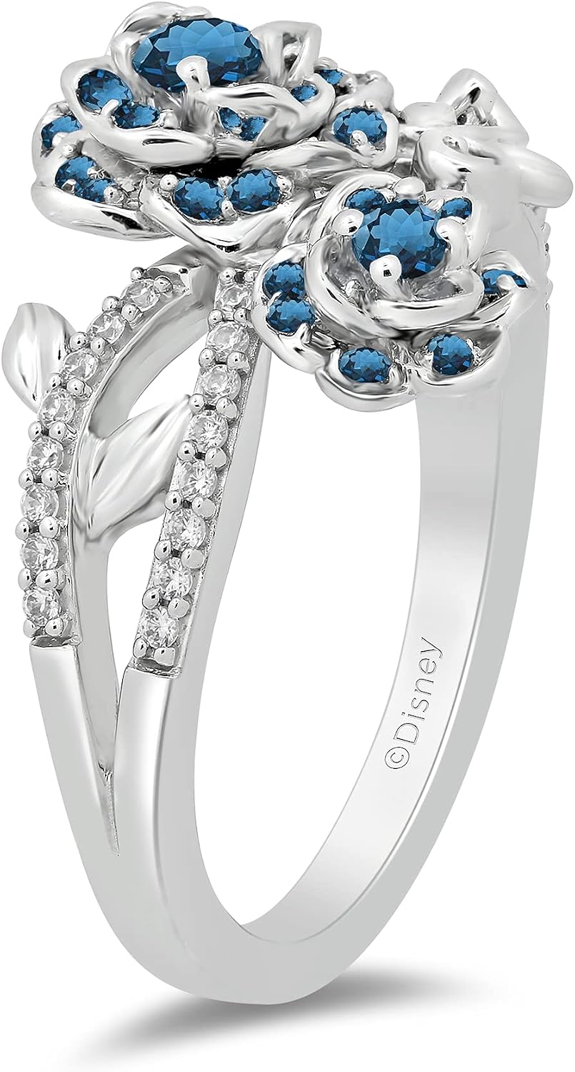Jewelili Enchanted Disney Fine Jewelry Sterling Silver 3 MM Round London Blue Topaz and 1/6 Cttw Natural White Round Diamond Cinderella 70th Gardania Flower Ring