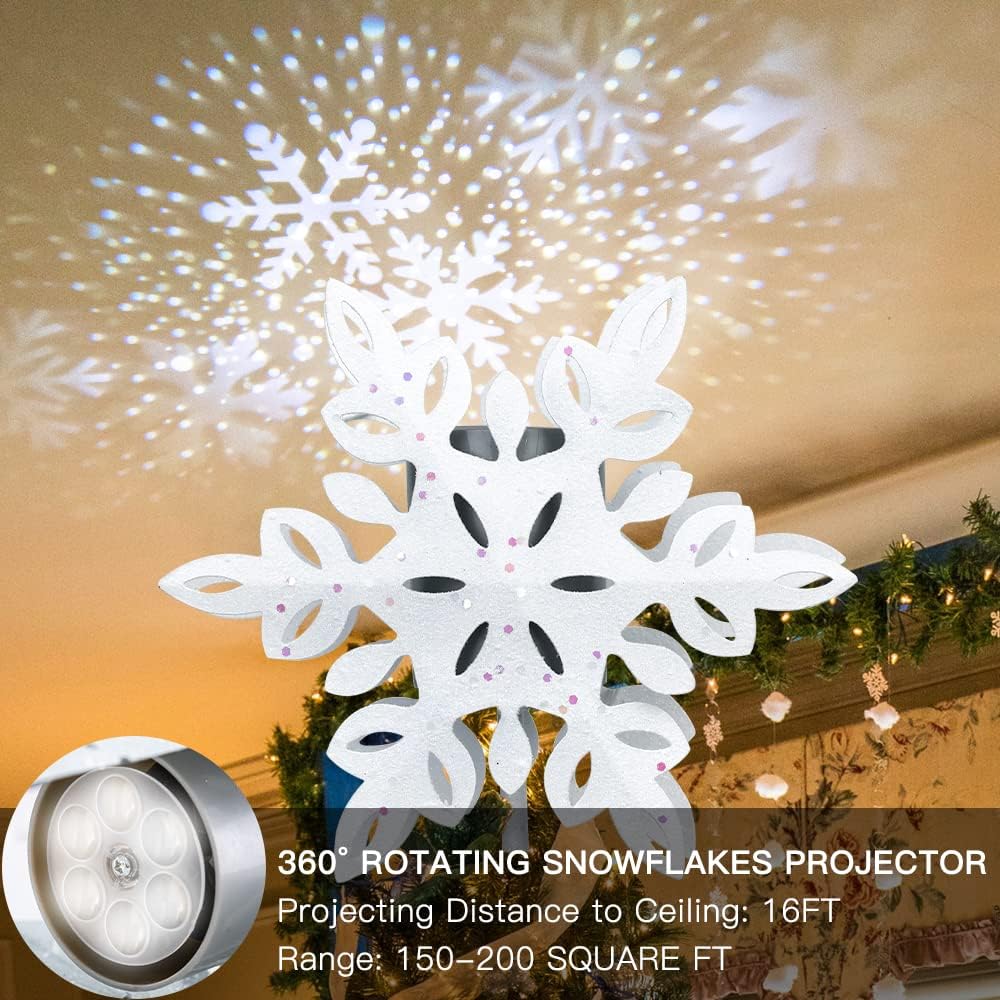 YEAHOME Snowflake Christmas Tree Topper, 3D Lighted Christmas Tree Topper Snow-White Christmas Treetop with Snowflake Projector Lights for Christmas Tree Decorations