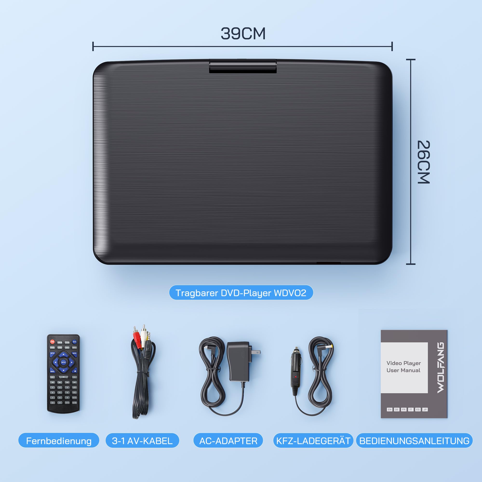 WOLFANG 17,5 Zoll Aufladbarer Tragbarer DVD-Player, 15,6 Zoll HD Bildschirm, 6 Stunden Spielzeit, Sync TV/Beamer, USB/SD Kompatibel, Regionsfrei (Schwarz)