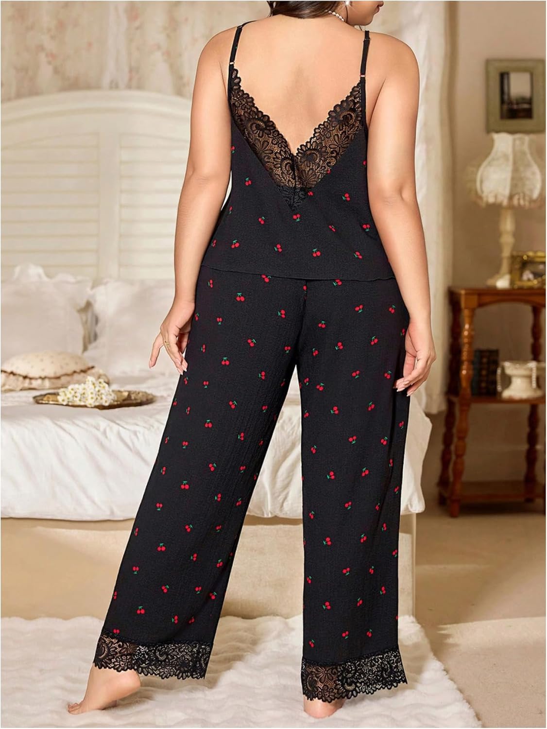 SHENHE Women's Plus Size Pajama Set Cherry Print Cami and Pants Lace Trim Sleepwear Lounge Set - Image 2