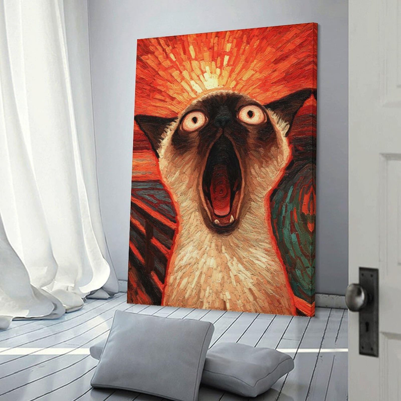 Junmoney Screaming Siamese Cat Art Canvas Wall Decor, 16x24inch(40x60cm), for Lounge Decor, Bedroom Walls Or Flats, Eye Catching Artwork for Blank Walls