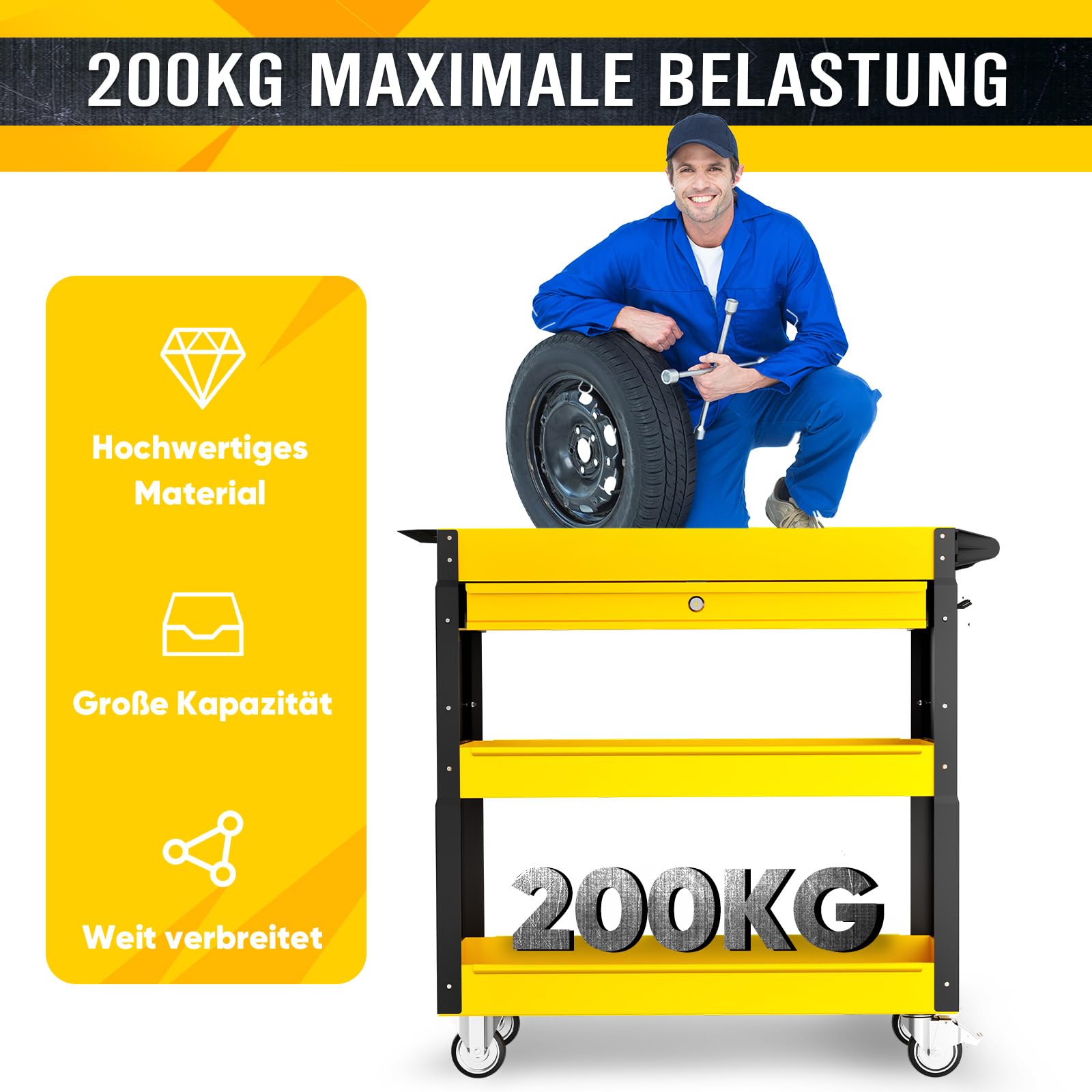 LDHTHOPI Werkzeugwagen MAX 200 kg 3 Ebenen Werkstattwagen RollWagen mit Abschließbare Schublade und Pegboard Rollwagen mit Bremse für Lager Garagen Büros Werkstatt