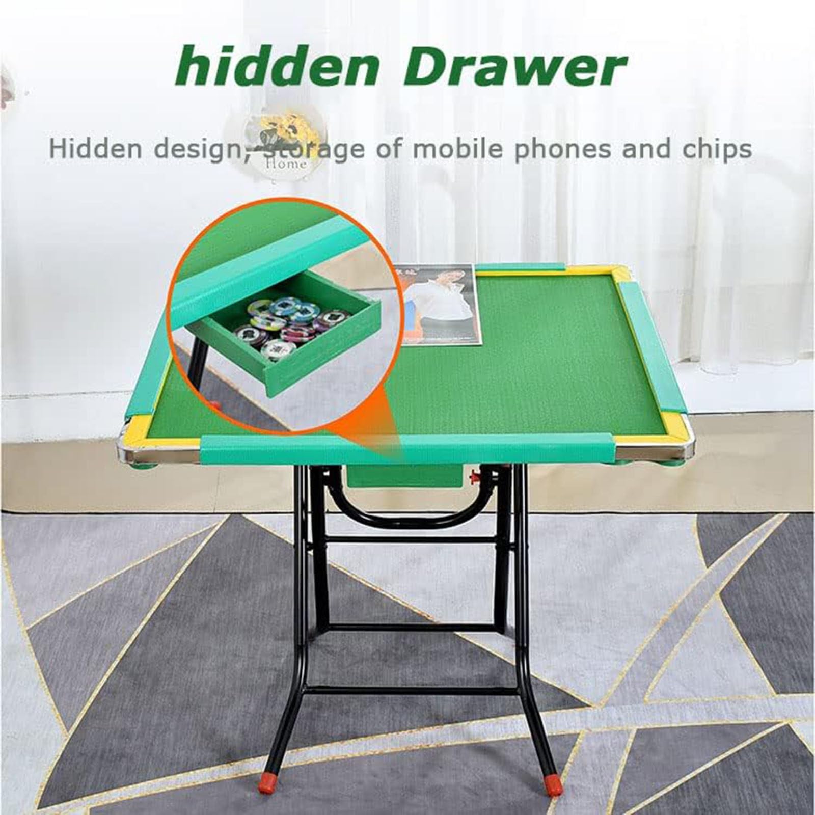 Table de Mahjong carrée la Maison, Table de Jeu Pliante 4 Joueurs avec Surface en Feutre Vert, Acier Inoxydable, 89 cm (35 Pouces), Le Poker, Les Dominos et Plus Encore.