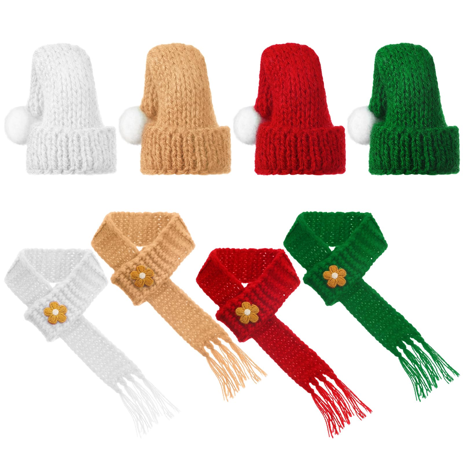 Geyoga 8 Pcs Mini Santa Hats and Scarves Decor Doll Christmas Accessories Small Gnome Hat for Craft DIY for Wine Bottle Gifts(White, Green, Red, Khaki,Cute)