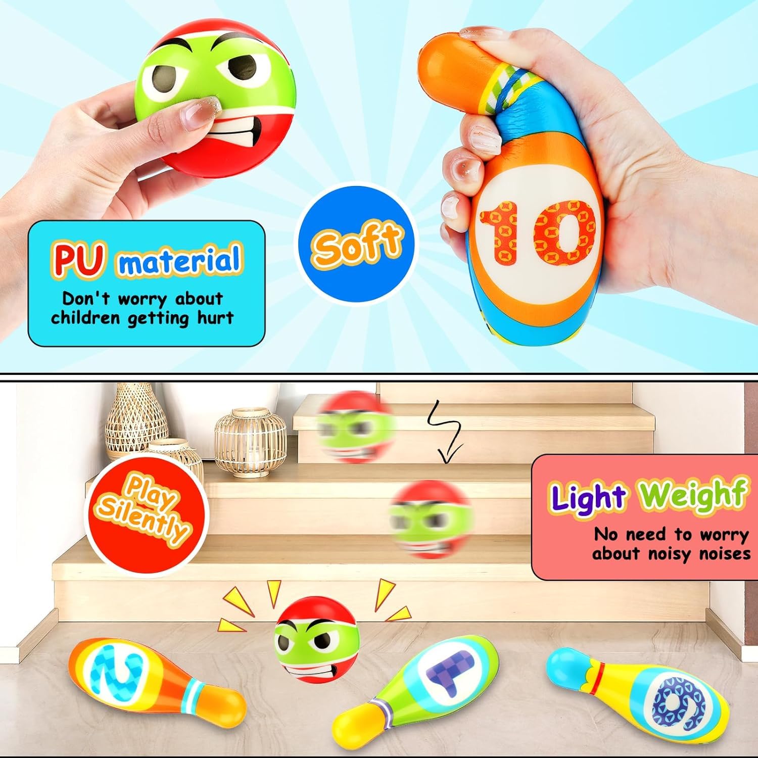 Bowling Enfant,Jeu de quilles pour Enfants,Jouets Montessori,10 Quilles Colorées + 2 Balles en Mousse,Idée Cadeau pour Garçons et Filles (à partir de 3 Ans)