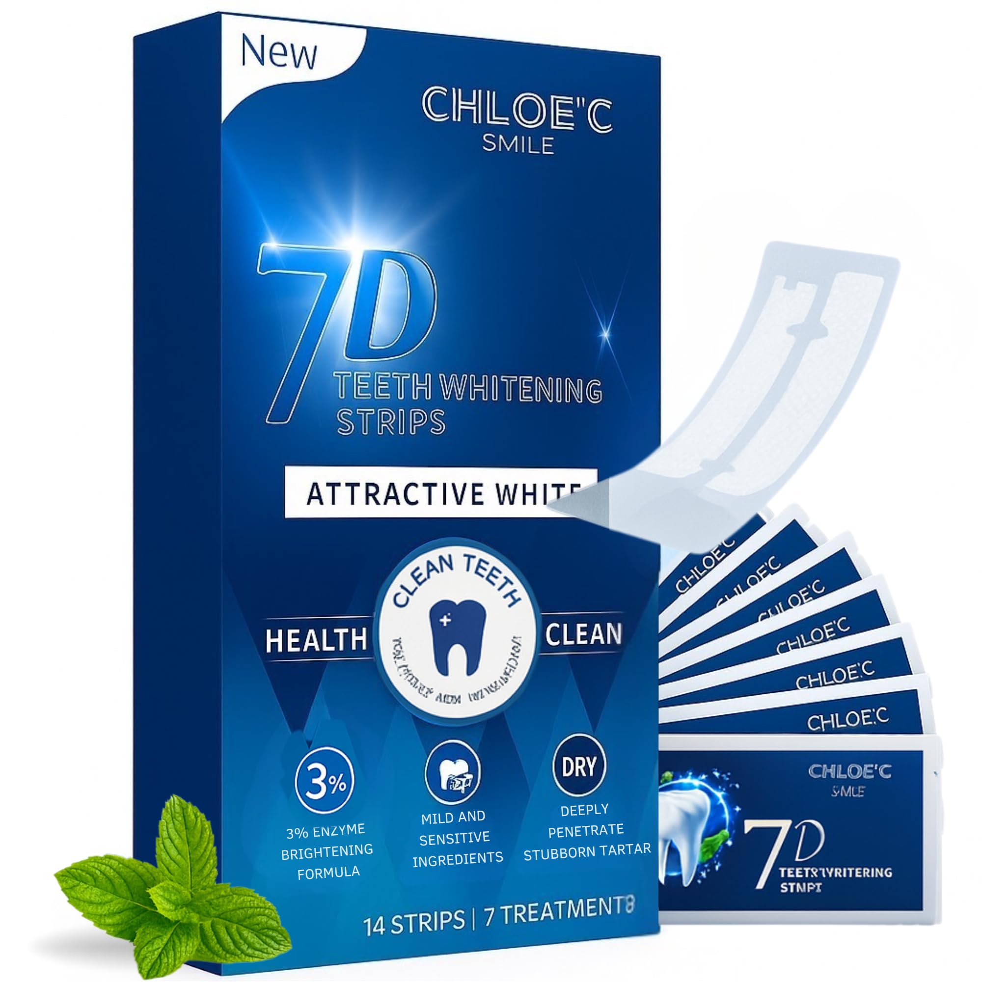 Chloe’C Teeth Whitening Strips | 7-Day Mint-Flavored Treatments for Sensitive Teeth | Non-Toxic Whitening Strips | Enamel Safe & Peroxide-Free | Removes Stains in 7 Days | Teeth Whitening