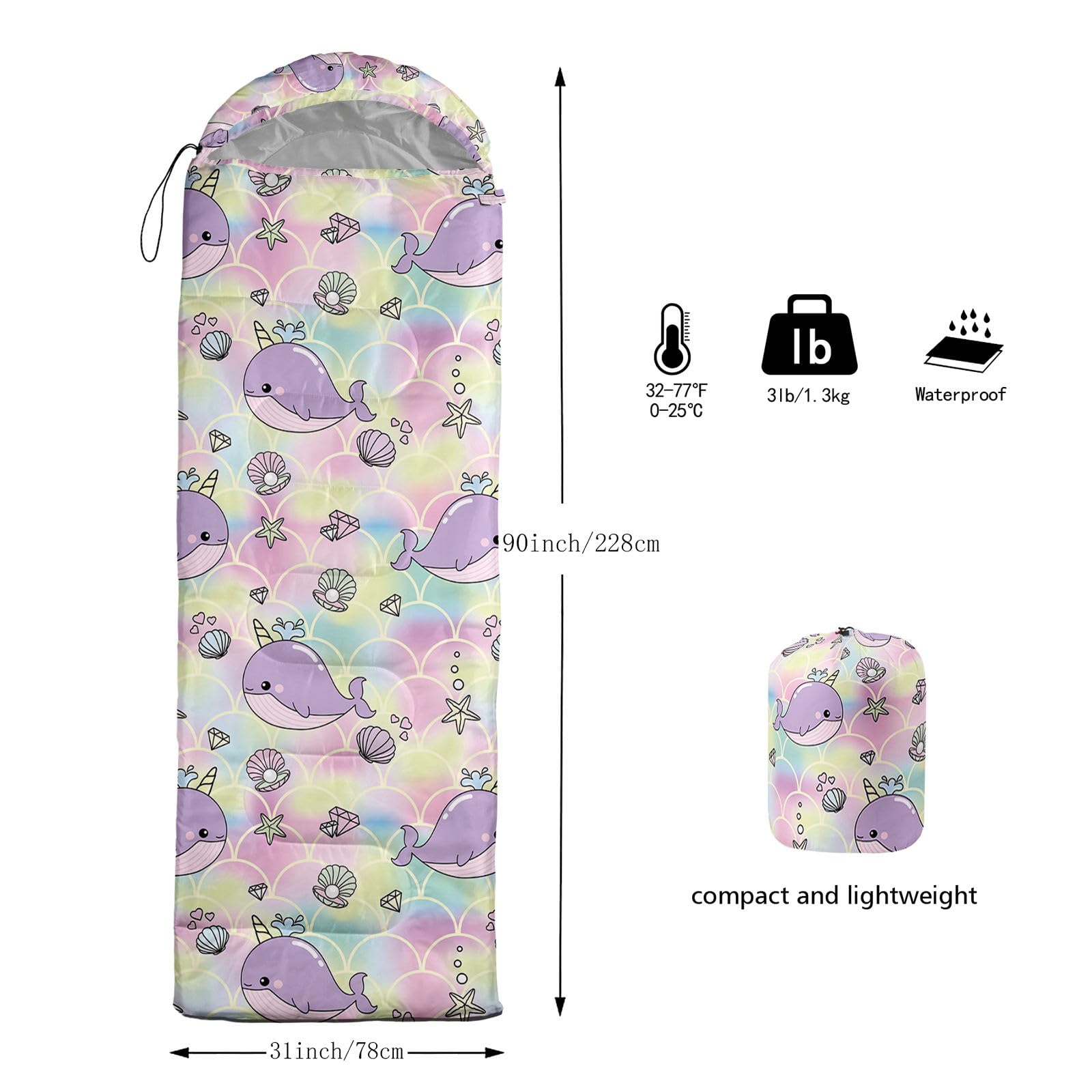 HOSIMA Kids Sleeping Bag for Boys Girls,Cute Whale Scales Print-Lightweight Warm Portable Outdoor Indoor-Waterproof Cold Weather Resistant Sleeping Bag for Camping Hiking(Whale) - Image 3