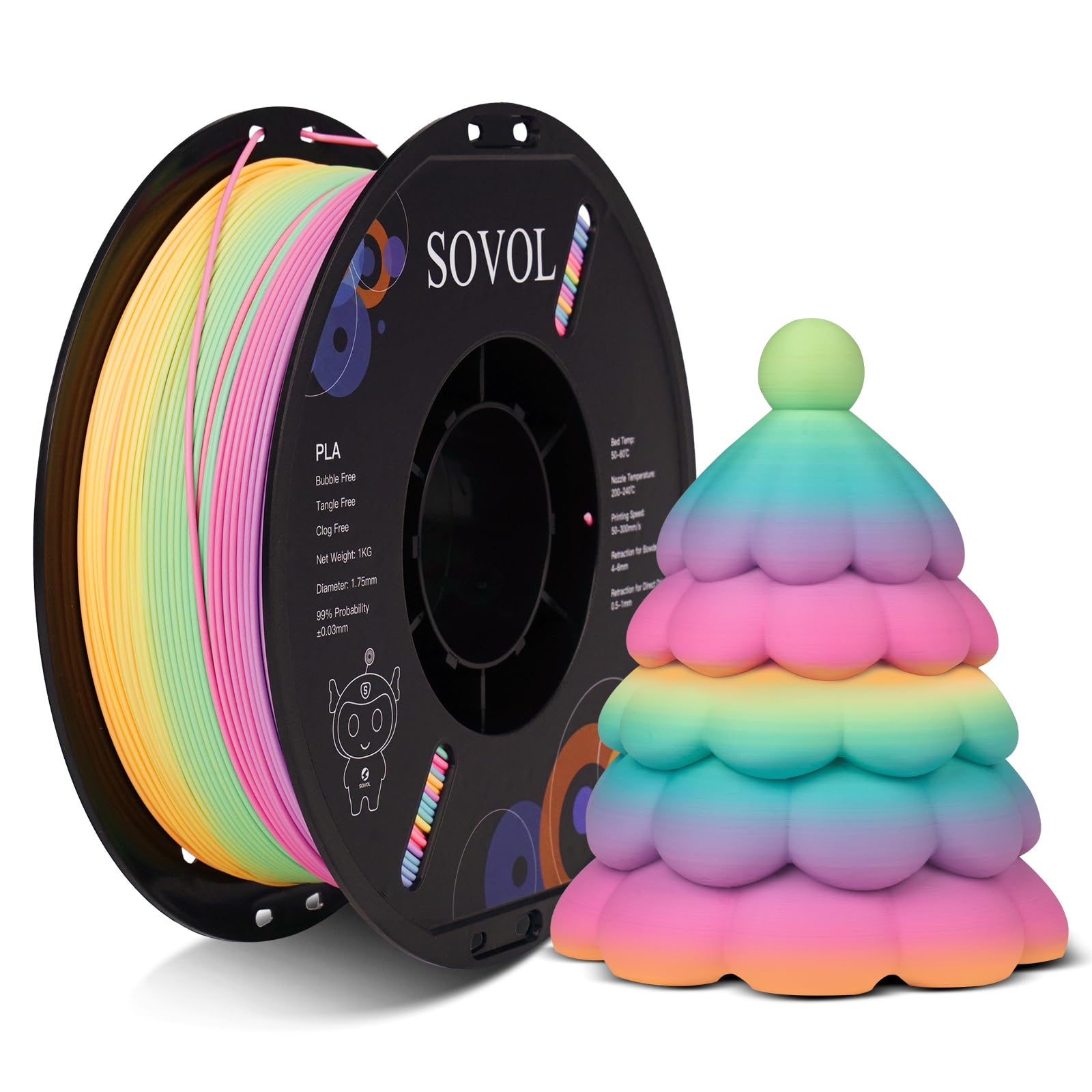 Sovol Matte Rainbow PLA Filament 1.75mm, Matte Gradient Mehrfarbig 3D Drucker Filament 1KG Spule (2.2 LBS), Multicolor PLA Rot Gelb Blau Lila