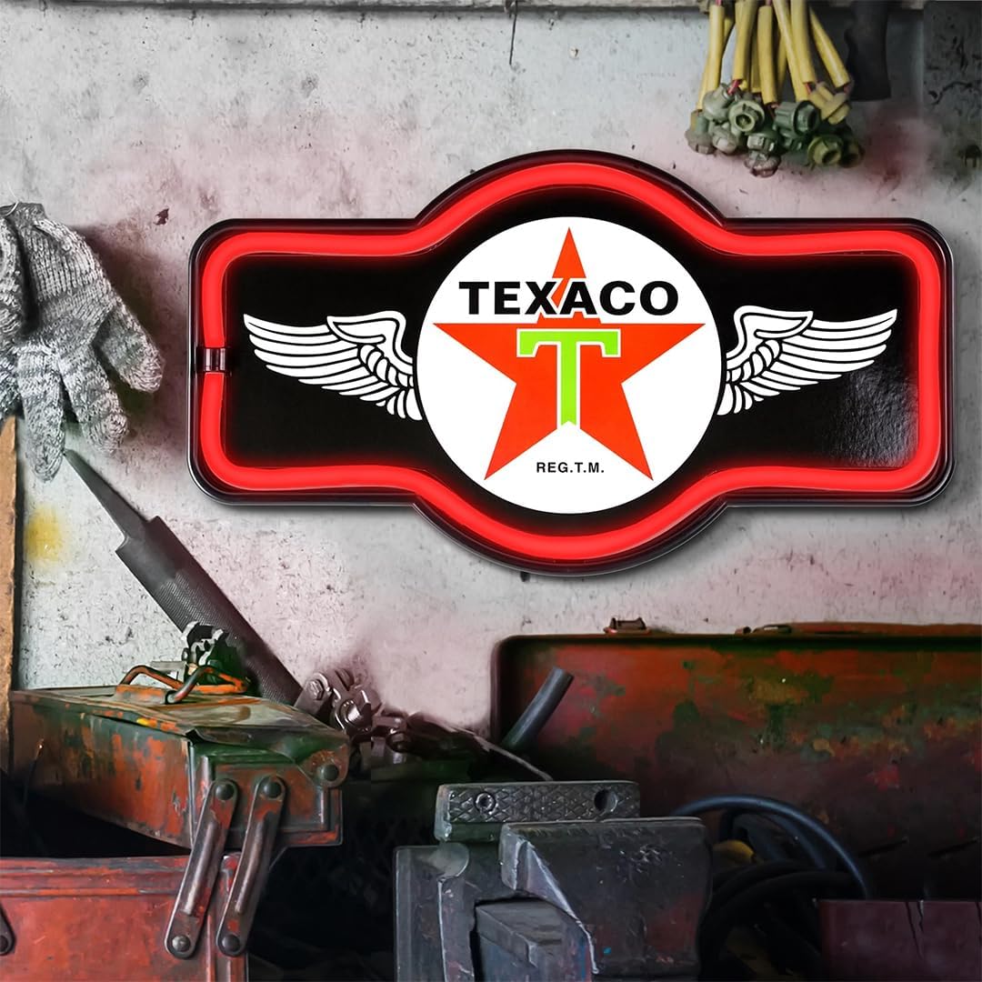 Texaco Oil Gas Station - Reproduction Vintage Advertising Marquee Sign - Battery Powered LED Neon Style Light - 17 x 10 x 3 Inches