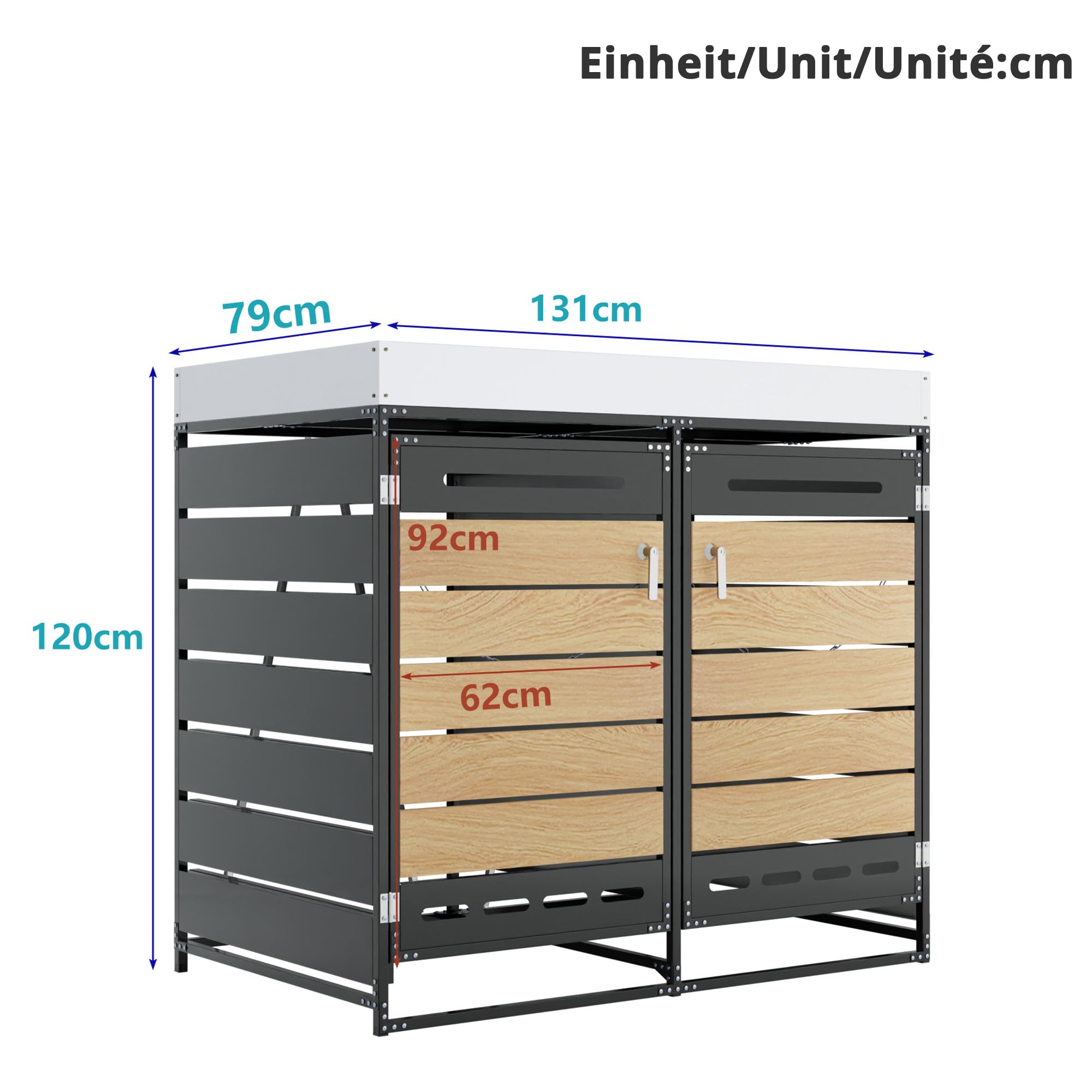 Mülltonnenbox 2er Mülltonnenverkleidung mit Pflanzkasten und Lüftungsöffnung für 2X Tonnen 120 und 240 L, Mülltonnenboxen mit Holzoptik-Leisten, Gartenmöbel Müllcontainer mit Schloss, Schwarz