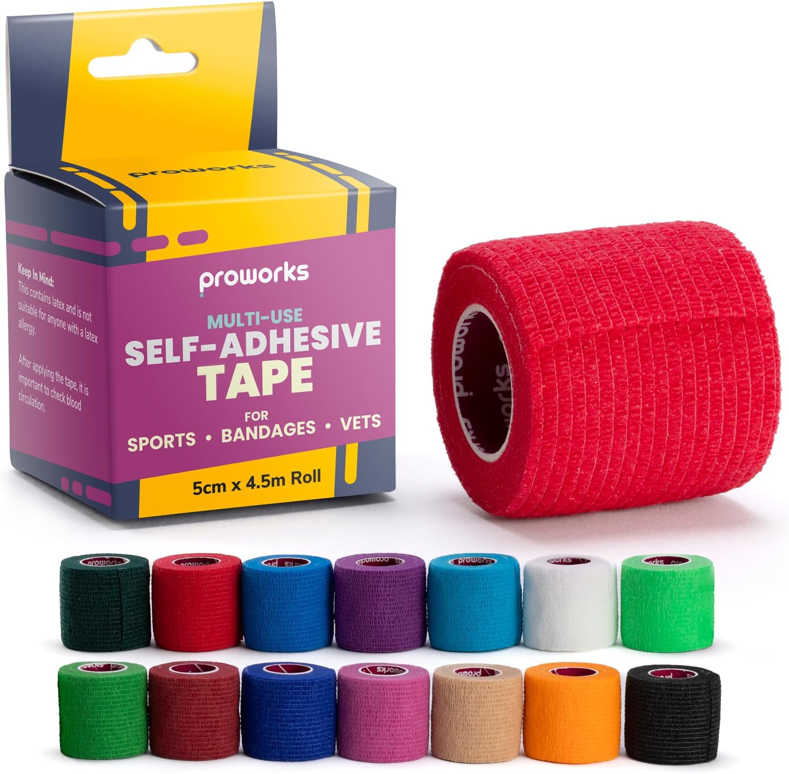 ProworksSock Wrap Sports Tape | Self-Adhesive Football Sock Tape | Cohesive Bandage Wrap for Shin Pad, Goalkeeper & Ankle | 5cm x 4.5m | Bandage Tape, Vet Wrap for Dogs, Cats & Horses - Red (1 Roll)