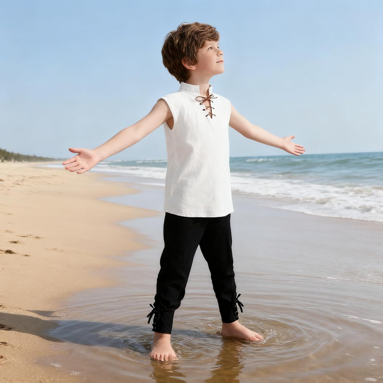 Kids Medieval Sleeveless Tunic Hip-Length Renaissance Pirate Costume Shirt Boys Girls Viking Halloween Top - Image 5