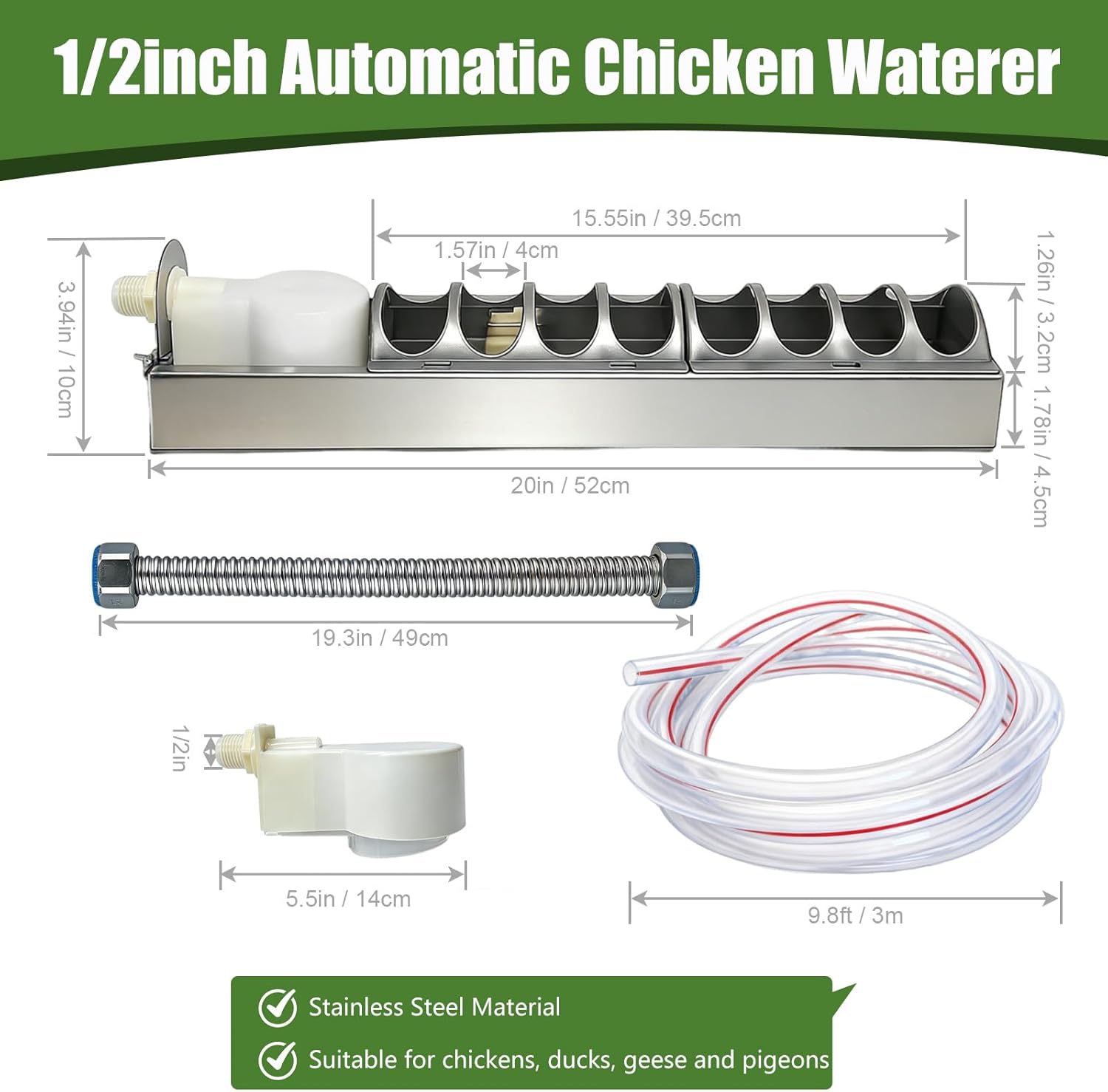 Automatic Chicken Waterer Stainless Steel Poultry Fountains Chicken Waterer System Water Dispenser Waterer Float Controlled for Duck Goose Pigeon Quail