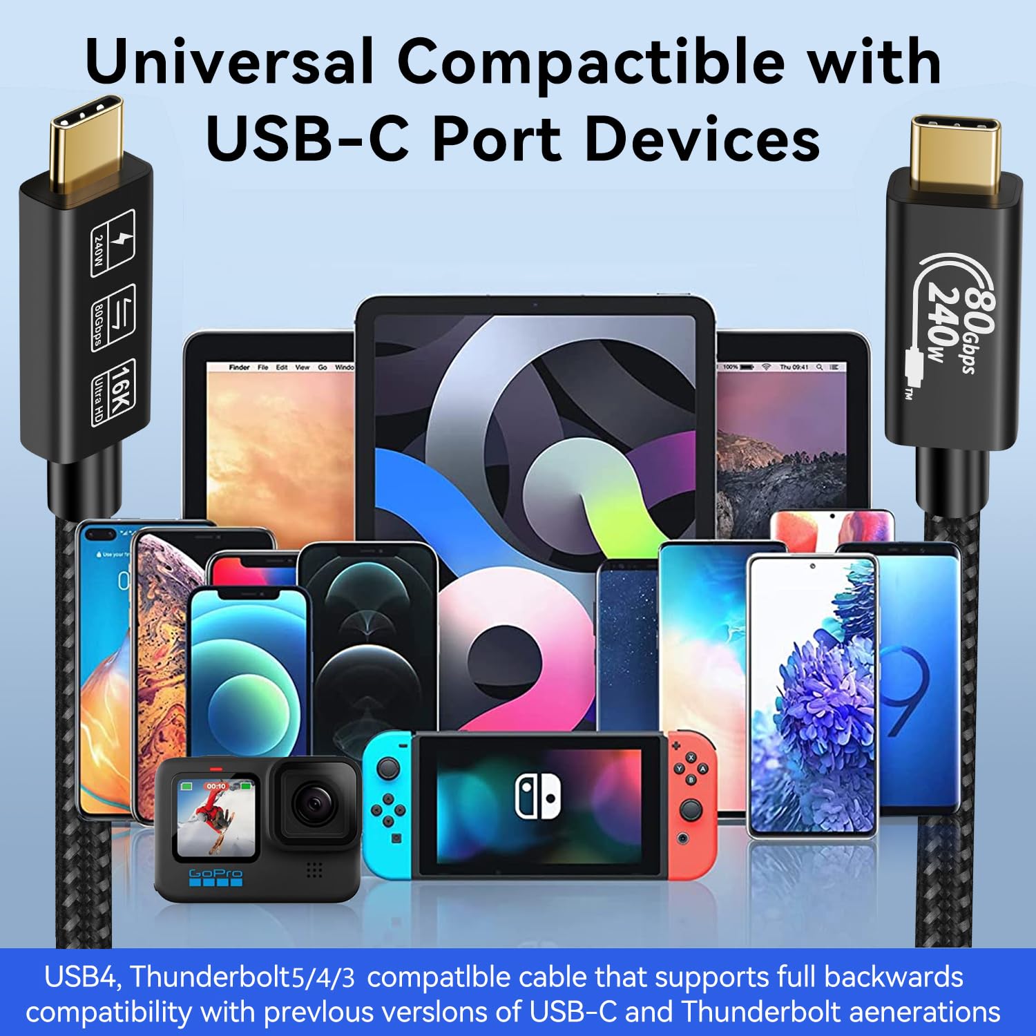 Cavo USB 4 Thunderbolt 5 da 3 m, ricarica 240 W, dati 80 Gbps, lunghezza 2 m, da USB C a USB C, per hub, dock, laptop, monitor