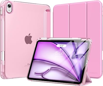 MoKo for iPad Air 11 Inch Case, iPad Air 5th/4th Gen 10.9 Inch Case, Pink | For iPad Air M4/M3/M2 Case with Pencil Holder, Slim Light Trifold Protective Cover with Hard PC Translucent Back Shell